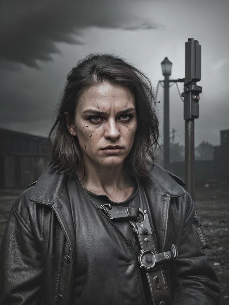 Best quality,4k,8k,highres,masterpiece:1.2,ultra-detailed,realism:1.37(Portraits),gloomy atmosphere,professional,Bright colors,sharp focus,Physically based rendering,studio lighting,Security guard with a revolver,expressive eyes,Detailed facial features,menacing look,heavy shadows,leather holster,metal revolver,serious expression,well defined jaw line,confident pose,contrasting colors,gritty texture,Dramatic lighting,gloomy tones,menacing background,subtle smoke effect,ominous atmosphere