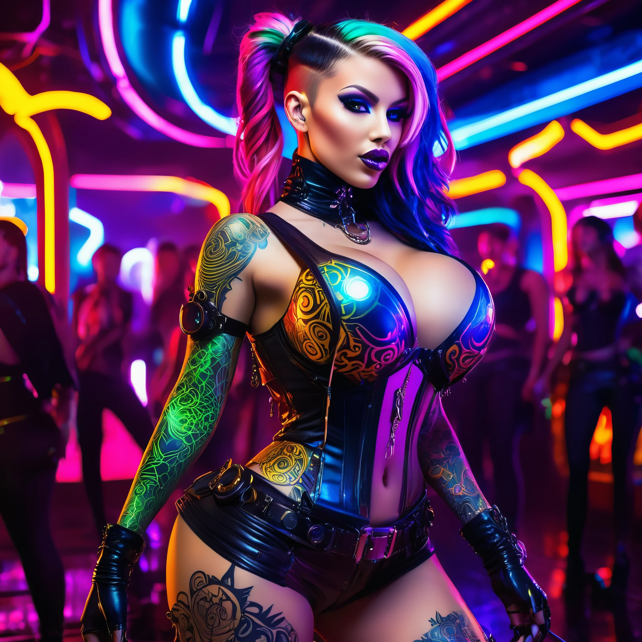 Exquisitely-crafted android assassin in a crowded neon-lit, futuristic nightclub with ornate steampunk decor, she moves through a energized crowd (loads of nubile raver women(varied height, varied weight, varied hair, varied prettiness, varied breast size, varied hip width, extensive tattoos and neon body paint) banging music, swampdonkey)