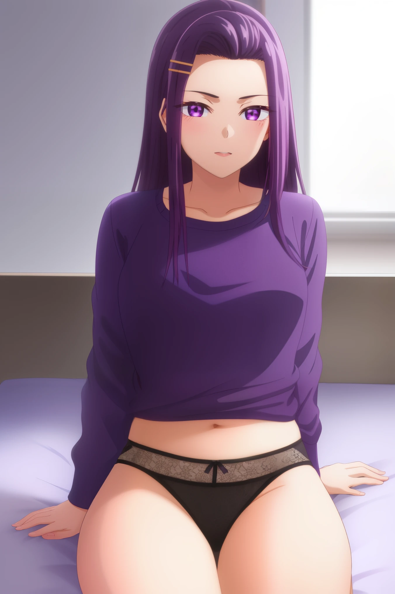 Sayuri akino, lingerie, shirt, purple_hair, long_hair, purple_eyes, hair_ornament, blush, hairclip, 1girl, lingerie , bra and panties, purple bra and purple panties, purple undies , solo, mole_under_eye, looking_at_viewer, bedroom, sitting on bed, best_quality, highres, extremely_detailed, anime perfect detailed style, 8k, masterpiece, anime