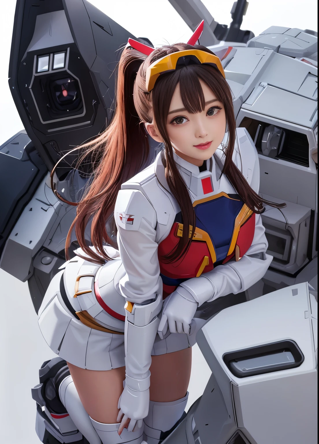 (highest quality)、(masterpiece)、detailed、realism、Mobile Suit Gundam F91 Personification、Great highlights on the upper body, Powerful Mech、Beam rifle、girl、Chibi Character、22 years old, , Flower Helmet、ponytail、Droopy eyes and nose、Moisturized lips、Red cheeks、smile、Round protruding butt、Spread your legs wide with your wet thighs、whole body、standing pee、Very affectionate love relationship、space、Enemy battle scene、Be enchanted by amazing beauty、