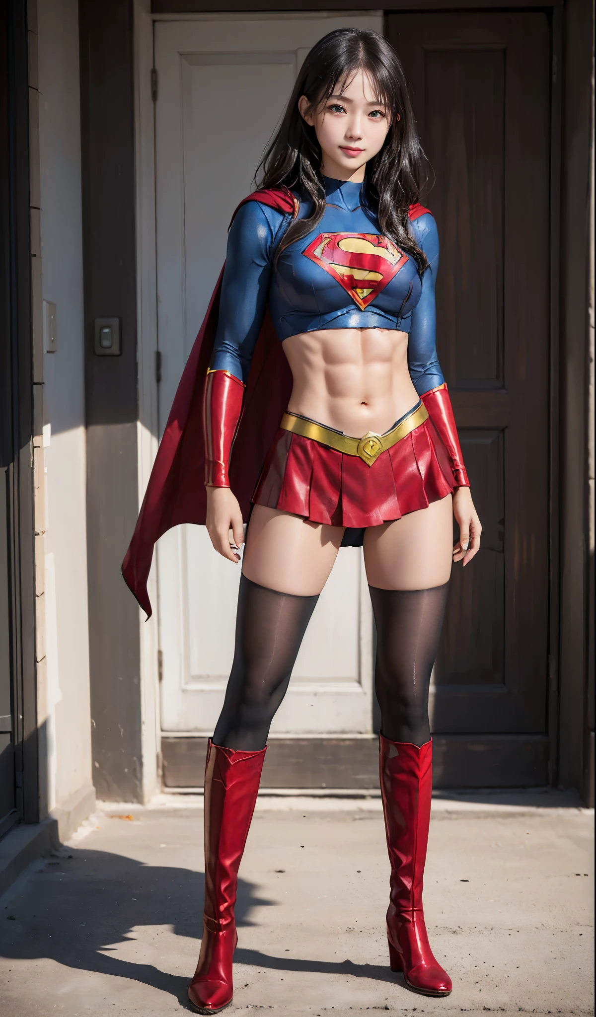 No background、(((Beautiful legs in black tights.)))、(((Legally express the beauty of your smile)))、((((Make the most of your original images)))、(((Supergirl Costume)))、(((Beautiful Hair)))、(((suffering)))、(((Please wear black tights....、Wear red boots)))、((Best image quality、8K))、((highest quality、8K、masterpiece:1.3))、(((Preserve background )))、Sharp focus:1.2、Beautiful woman with perfect figure:1.4、Thin abdominal muscles:1.2、Wet body:1.5、Highly detailed face and skin texture、8K