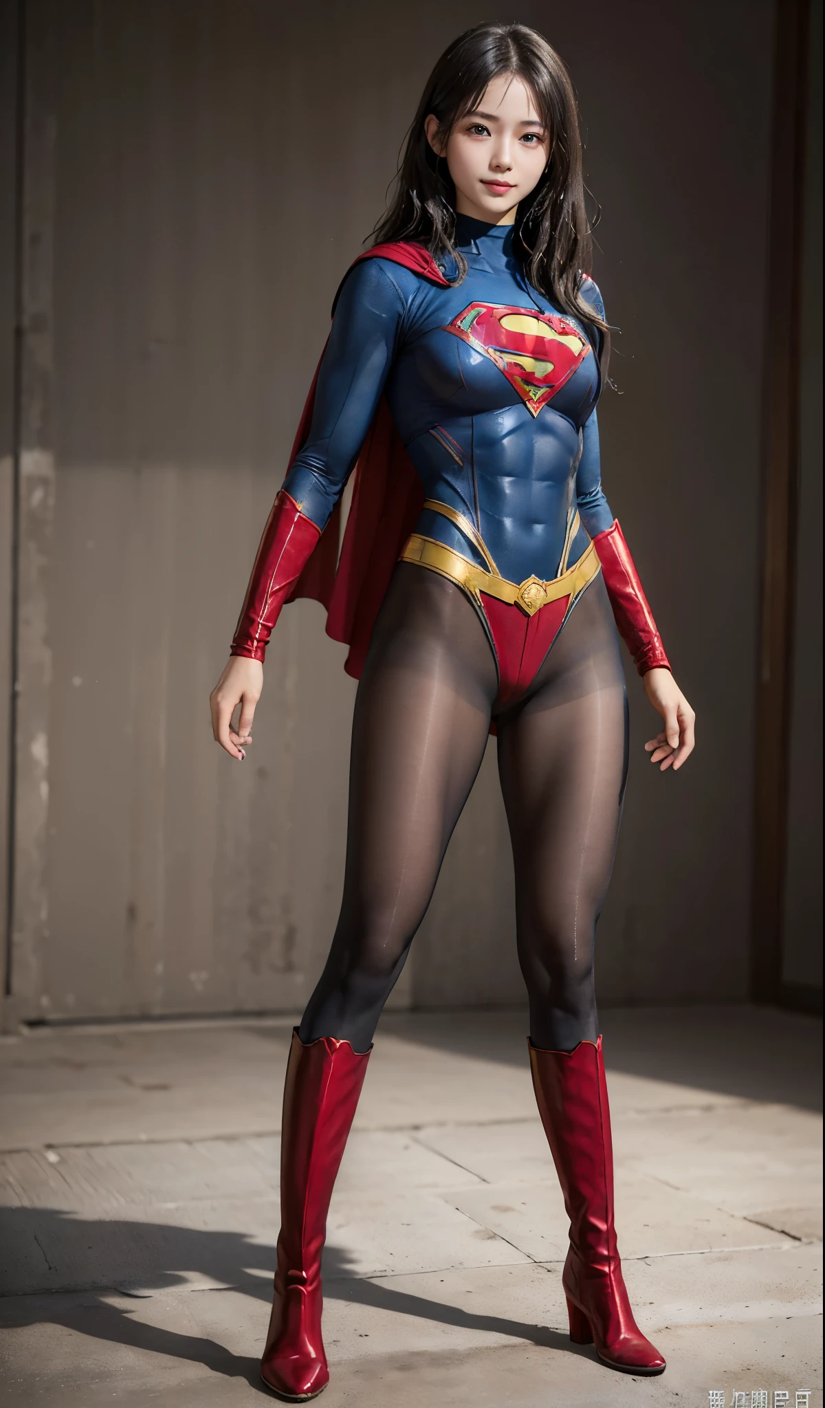 No background、(((Beautiful legs in black tights.)))、(((Legally express the beauty of your smile)))、((((Make the most of your original images)))、(((Supergirl Costume)))、(((Beautiful Hair)))、(((suffering)))、(((Please wear black tights....、Wear red boots)))、((Best image quality、8K))、((highest quality、8K、masterpiece:1.3))、(((Preserve background )))、Sharp focus:1.2、Beautiful woman with perfect figure:1.4、Thin abdominal muscles:1.2、Wet body:1.5、Highly detailed face and skin texture、8K