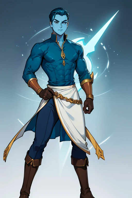 male, teal short slicked back hair, blue eyes, (((1boy))), (((blue skin tight shirt))), (brown gloves), (brown boots), (white pants), (gold shoulder guards), (white half skirt with blue trim), handsome, long legs, muscular, chest exposed, holding trident