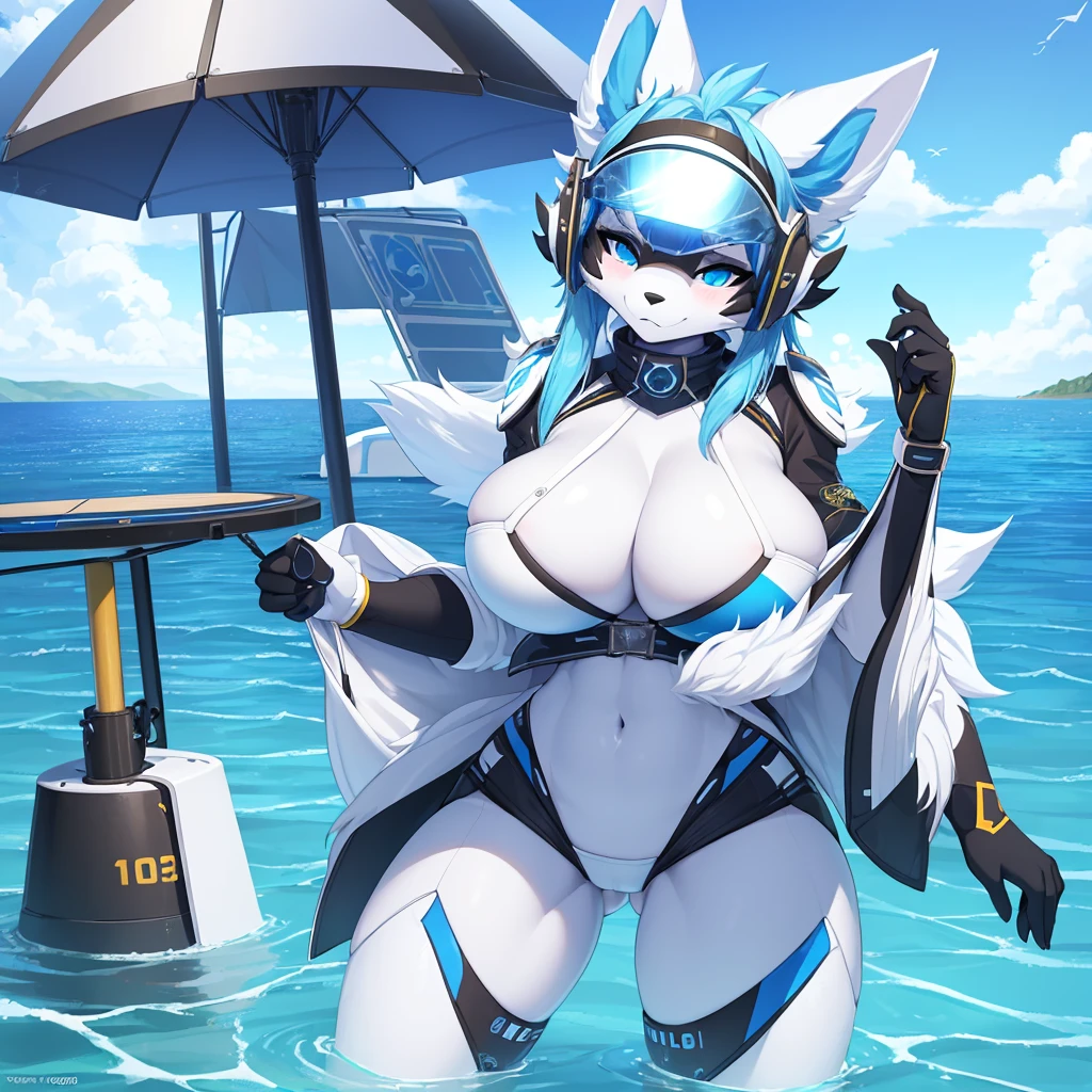 ((best quality, Masterpiece, perfect anatomy, Detailed pictures)), 1 female, arctic protogen, arctic wolf, Long visor, white visor, conjunctivitis, blue hair, sexy body, Big Pong, Big breasts 82, Waist 56, Thigh 83, Future military clothing, fluffy tail, shy, in the sea, front view