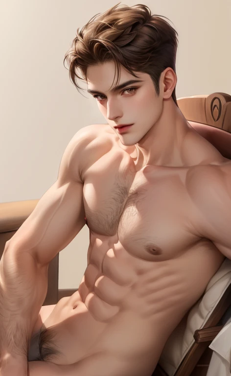 (masterpiece,best quality,ultra_detailed,highres,absurdres),1 mature male, 30-ish, (wide shoulder), ((no  hair)), male focus, solo, ((undercut)) ((short hair)) brown hair (light brown eyes), simple background, full body, wearing shoes,looking at viewer, parted lips, round eyewear, long sleeves, showing a bit of muscles, smirk smile face, wearing , fully , smooth and hairless , 