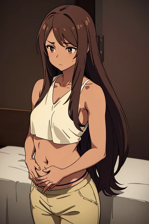 ((best quality)), ((masterpiece)), (detailed), perfect face, brown skin anime girl in a deep V Neck Backless Cami Top, (trousers), famished in hunger, (gently resting hands on stomach), (long hair), (hands on her stomach)
