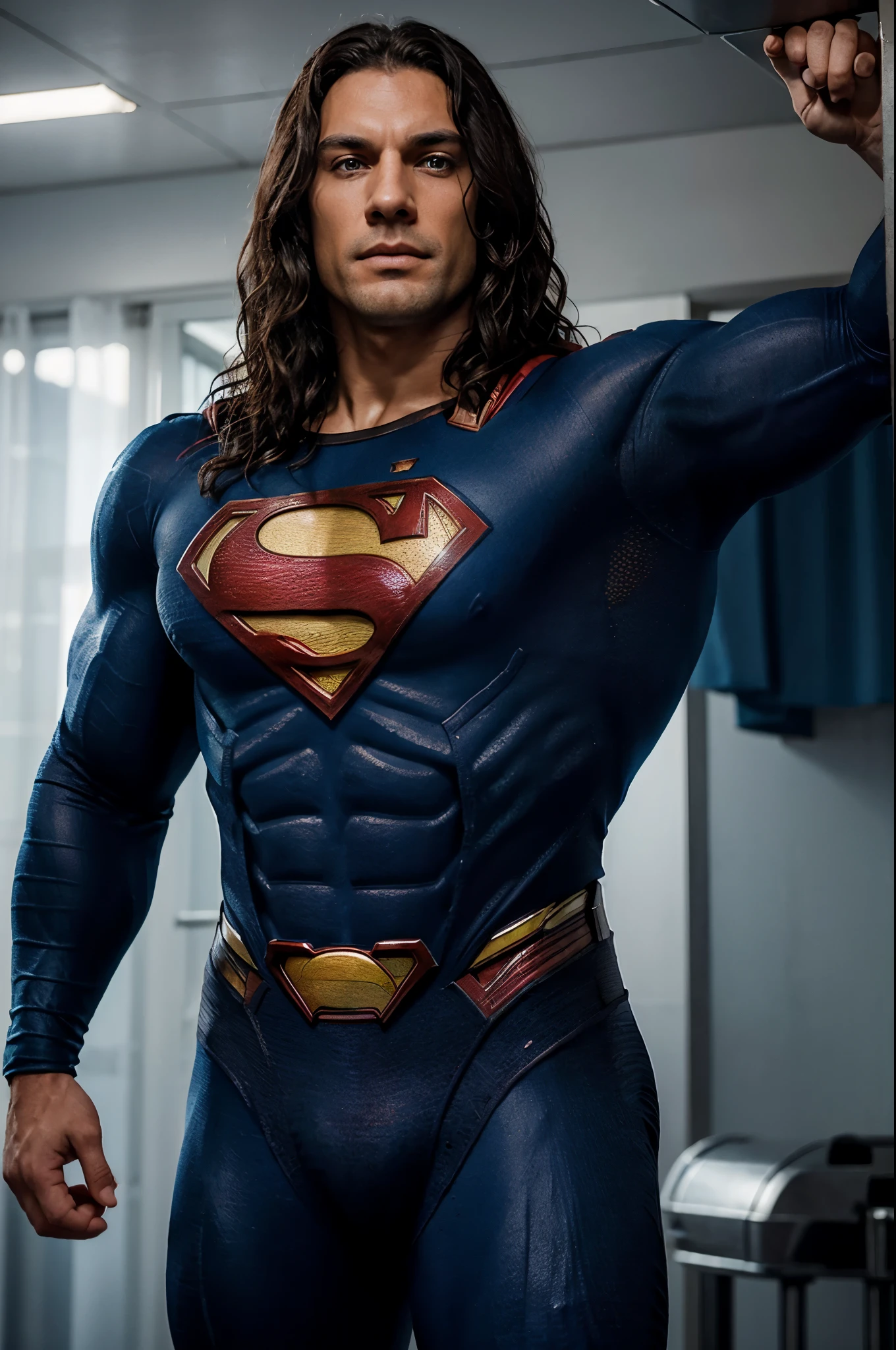 A succinct Superman prompt: a chiseled face, with dark, wavy hair, piercing blue eyes that radiate kindness and determination. His imposing physique is defined by toned muscles and a confident posture, revealing an incredibly beautiful and powerful man.