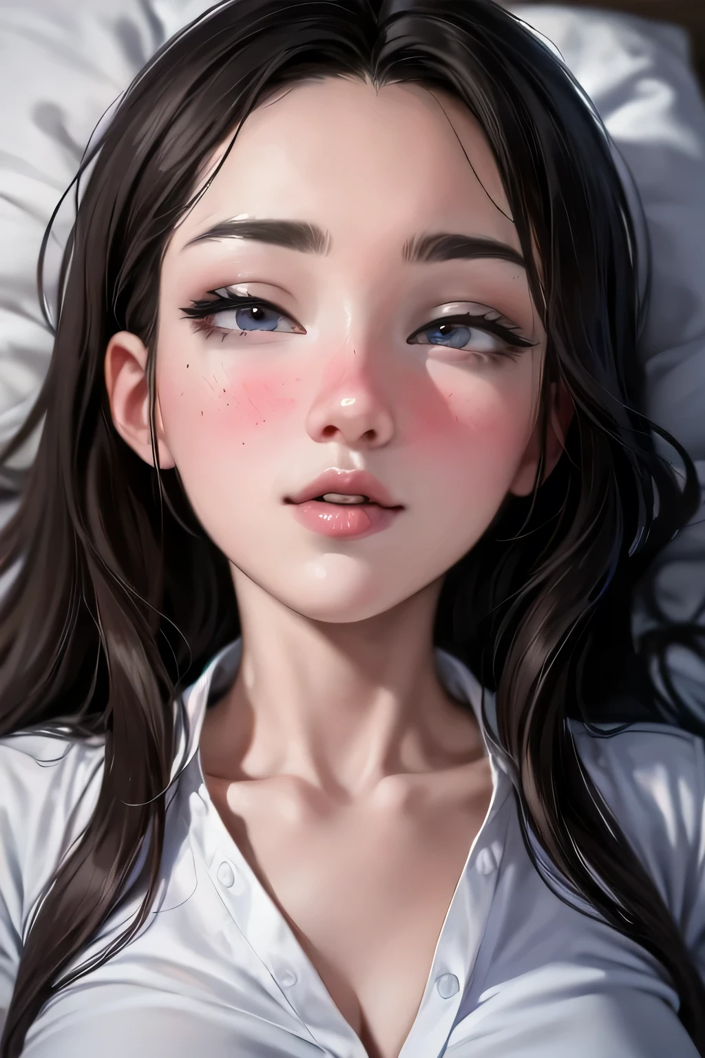Amazing portrait of a sexy and cute woman with a beautiful face and black brown long straight hair and seductive eyes while blushing intensely with her lips parted and ready to kiss wearing a long oversized white shirt and lying on bed