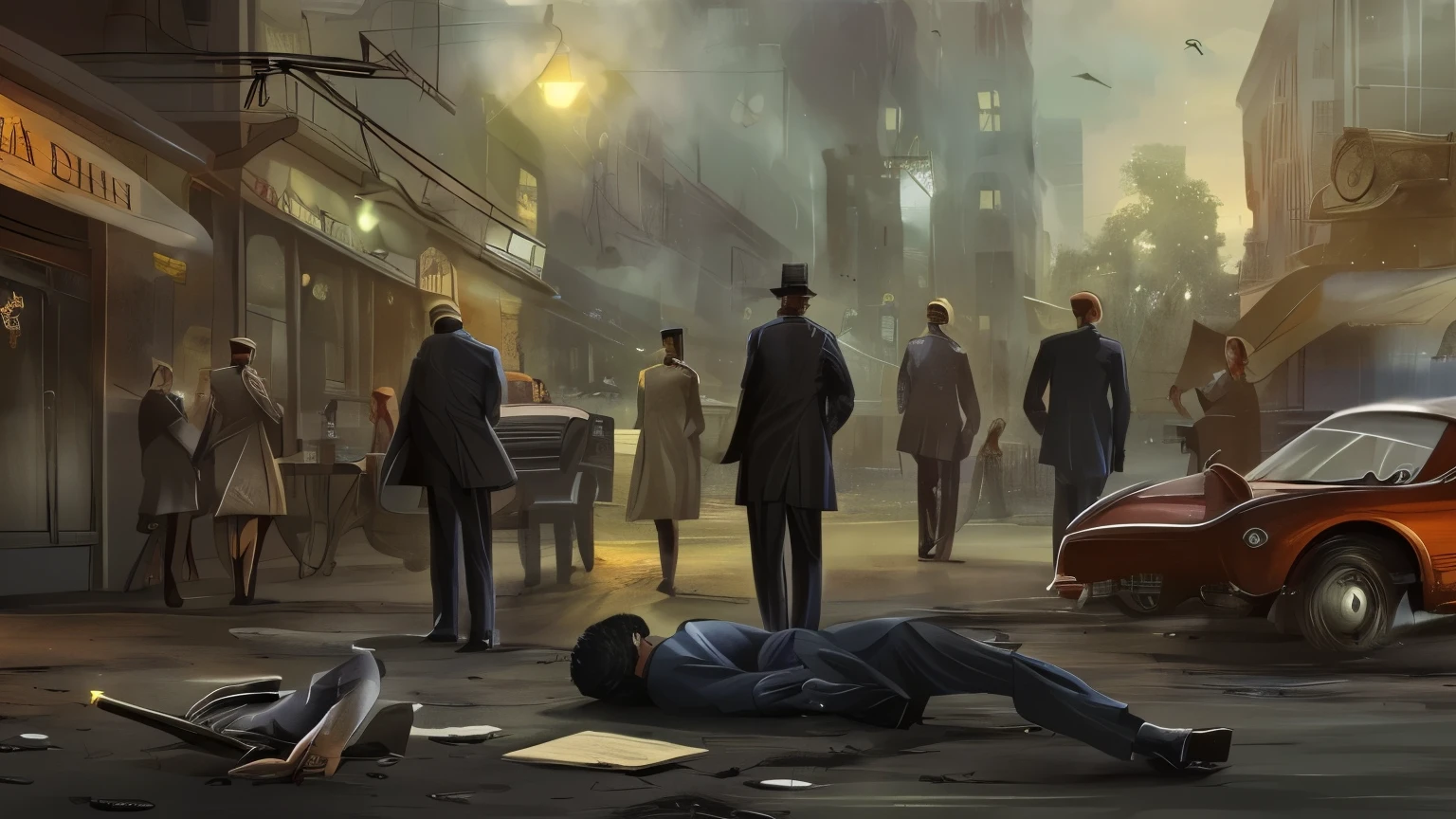 ((2D)), detective, crime scene, storytelling, mystery, suspense, central action, foreground focus, subtle storytelling, dark atmosphere, detailed background, narrative depth, emotional impact, visual storytelling, contrast,dramatic lighting, intricate details, character interaction, tragic narrative, storytelling through imagery, lines to center