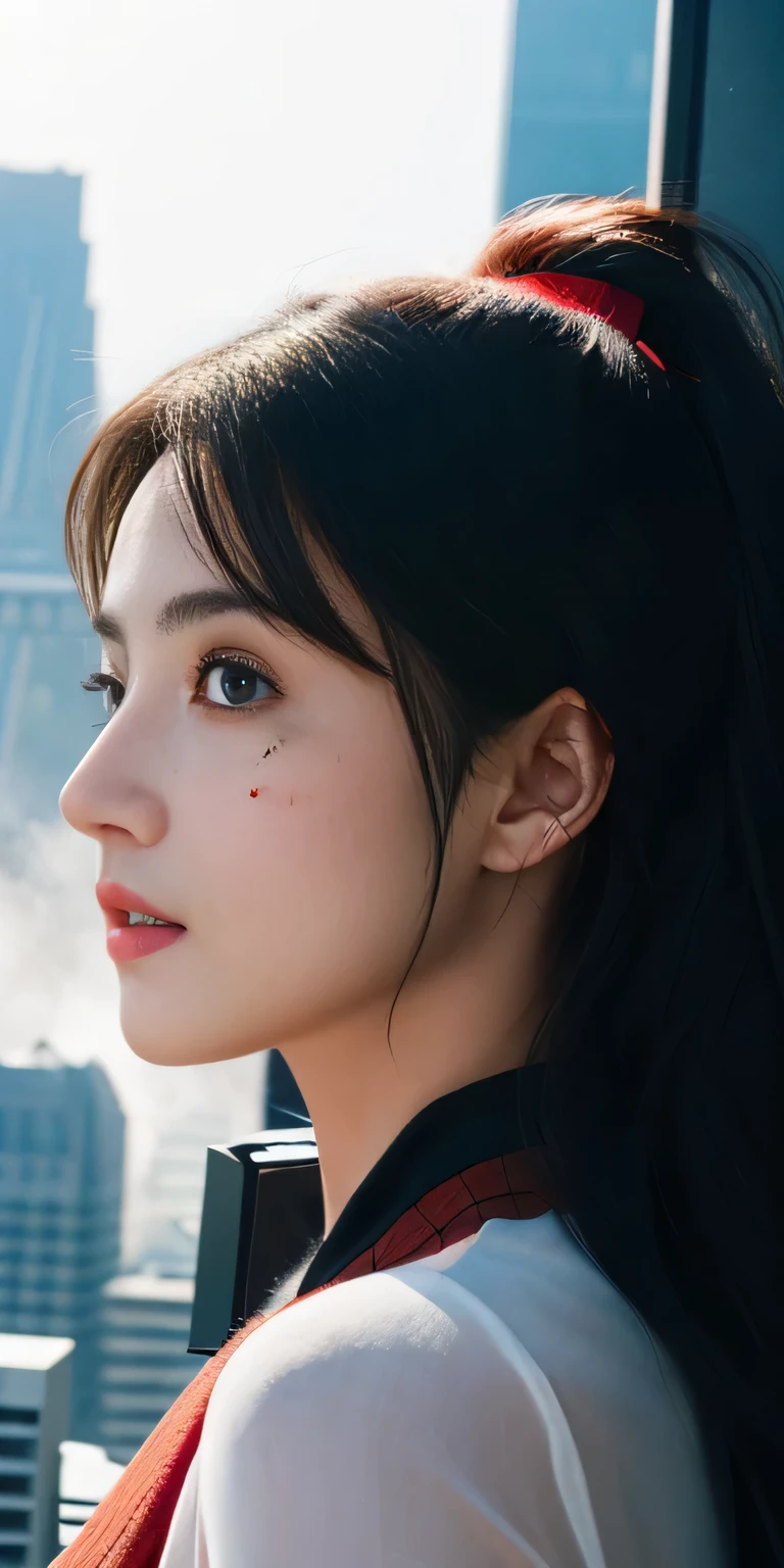 (1girl:1.3), Solo, (((Very detailed face)))), ((Very detailed eyes and face)))), Beautiful detail eyes, Body parts__, Official art, Unified 8k wallpaper, Super detailed, beautiful and beautiful, beautiful, masterpiece, best quality, original, masterpiece, super fine photo, best quality, super high resolution, realistic realism, sunlight, full body portrait, amazing beauty, dynamic pose, delicate face, vibrant eyes, (from the front), She wears Spider-Man suit, red and black color scheme, spider, very detailed city roof background, rooftop, overlooking the city, detailed face, detailed complex busy background, messy, gorgeous, milky white, highly detailed skin, realistic skin details, visible pores, clear focus, volumetric fog, 8k uhd, DSLR, high quality, film grain, fair skin, photo realism, lomography, futuristic dystopian megalopolis, translucent