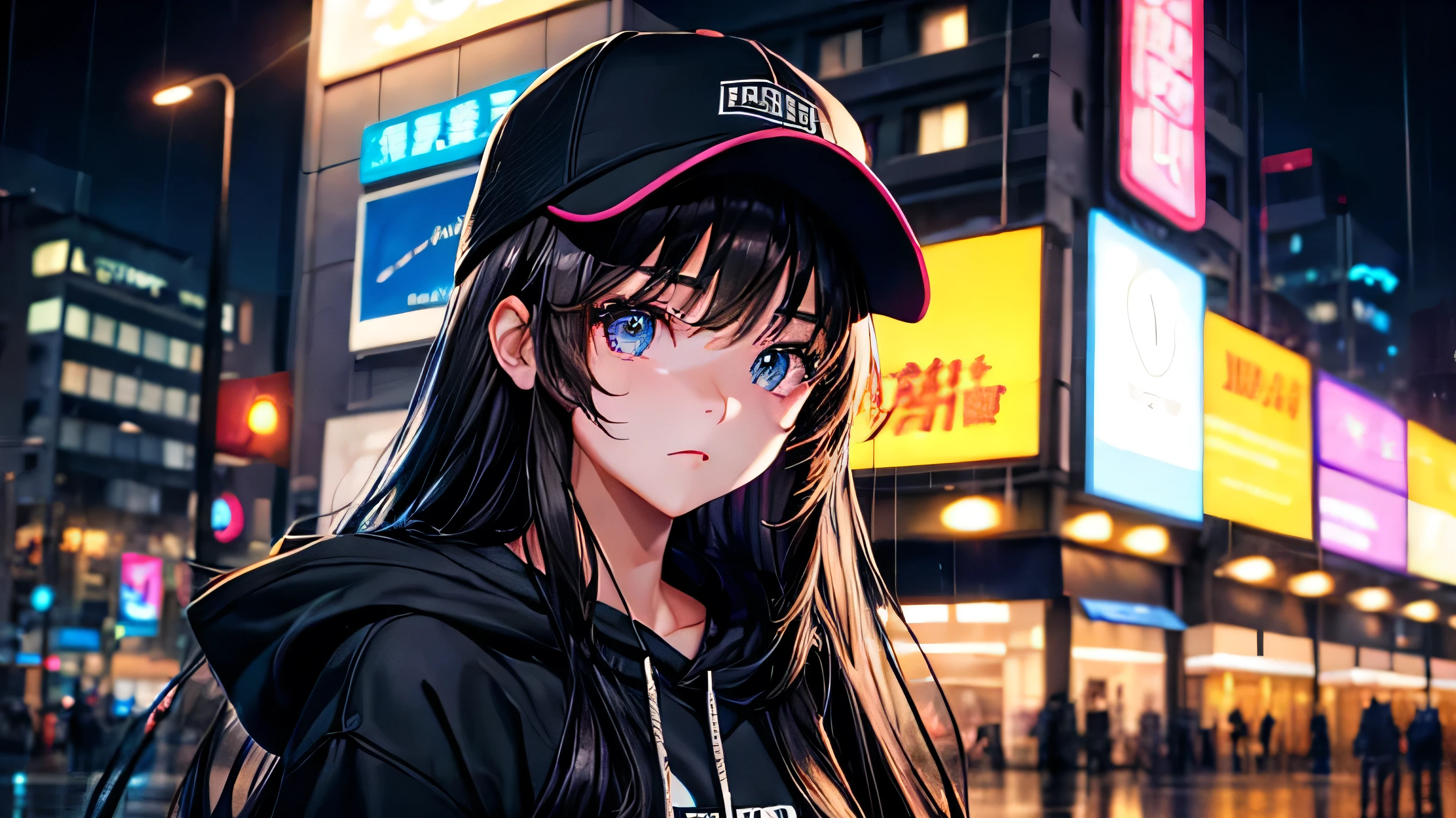 One girl、15 years old、Long Hair、Brown Hair、large black hoodie、midnight、rain、neon street、neon、Baseball cap、Detailed, high-quality, flawless facial expression、Detailed, high quality and perfect eye depiction、Detailed, high quality and perfect costume depiction、