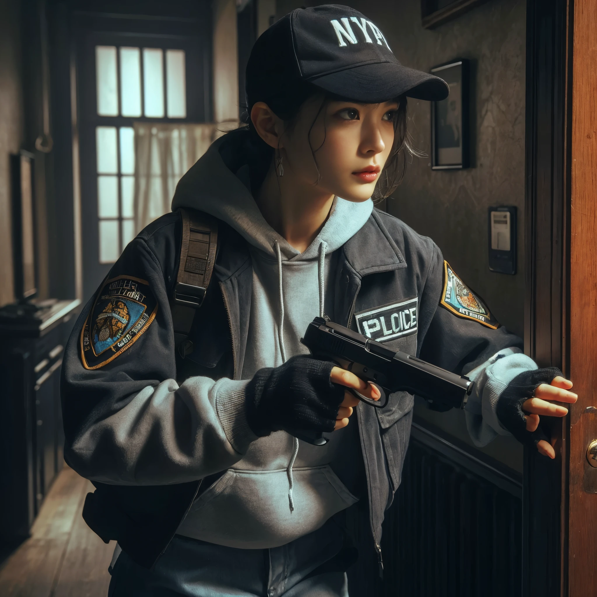 8K, realistic photo, r8K, realistic photo, realistic skin texture, アメリカ在住の美しい日本人woman捜査官、Nypd,Baseball Cap、Grey hoodie、Pistol、A1Flight jacket、Searching the suspicious room、Open the door and look around the room、Gunfight、Chino pants、sneakers、Dynamic pose、Be vigilant、decision、Innovative composition、woman、fiction