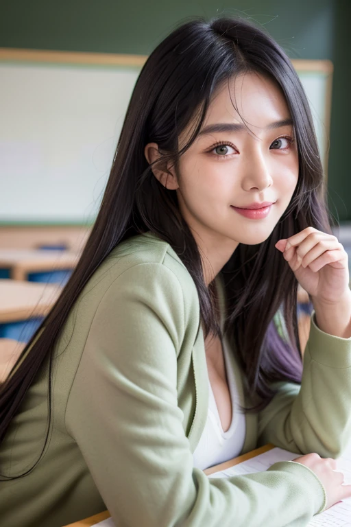 (best quality:1.1), (masterpiece:1.4), (absurdres:1.0), portrait,
1girl, mikazuki yozora, big breasts, long hair, black hair, purple eyes, , looking at viewer, classroom, (blush:1.2), smile, green jacket,