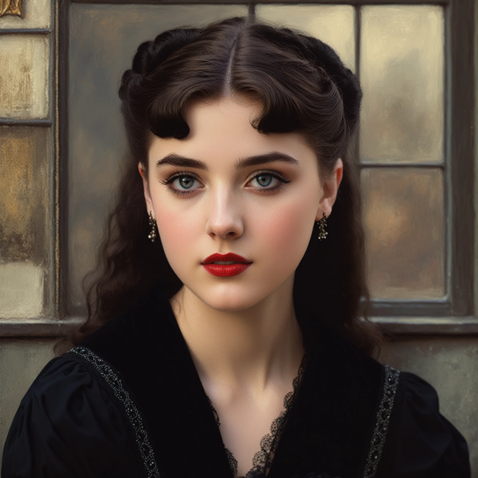a close up of a young ager with a black dress , beautiful portrait, gorgeous portrait, very beautiful portrait, in a oil painting style, victorian vampire, a beautiful victorian girl, inspired by Edmund Leighton, tom bagshaw style, portrait of snow white, stunning portrait, traditional beauty, style of tom bagshaw, in the style of tom bagshaw
