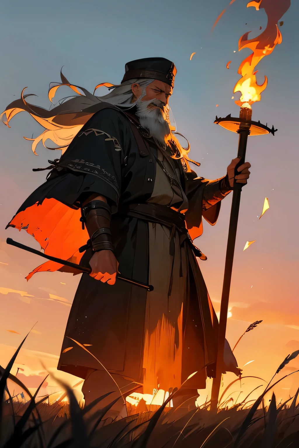Old man, viking clothes, worn down clothes, unkempt hair, long beard. grass fields, hair covering side of face, flaming torch, holding up torch, standing, flaming staff, Cappello romano, sunset
