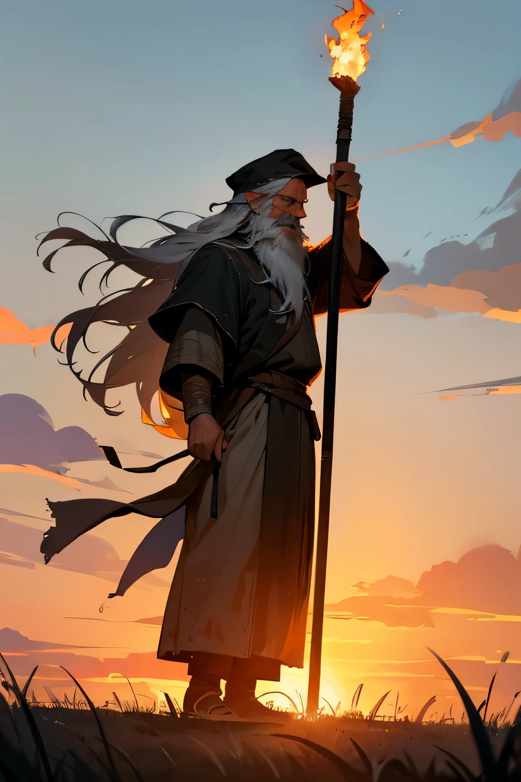 Old man, viking clothes, worn down clothes, unkempt hair, long beard. grass fields, hair covering side of face, flaming torch, holding up torch, standing, flaming staff, Cappello romano, sunset