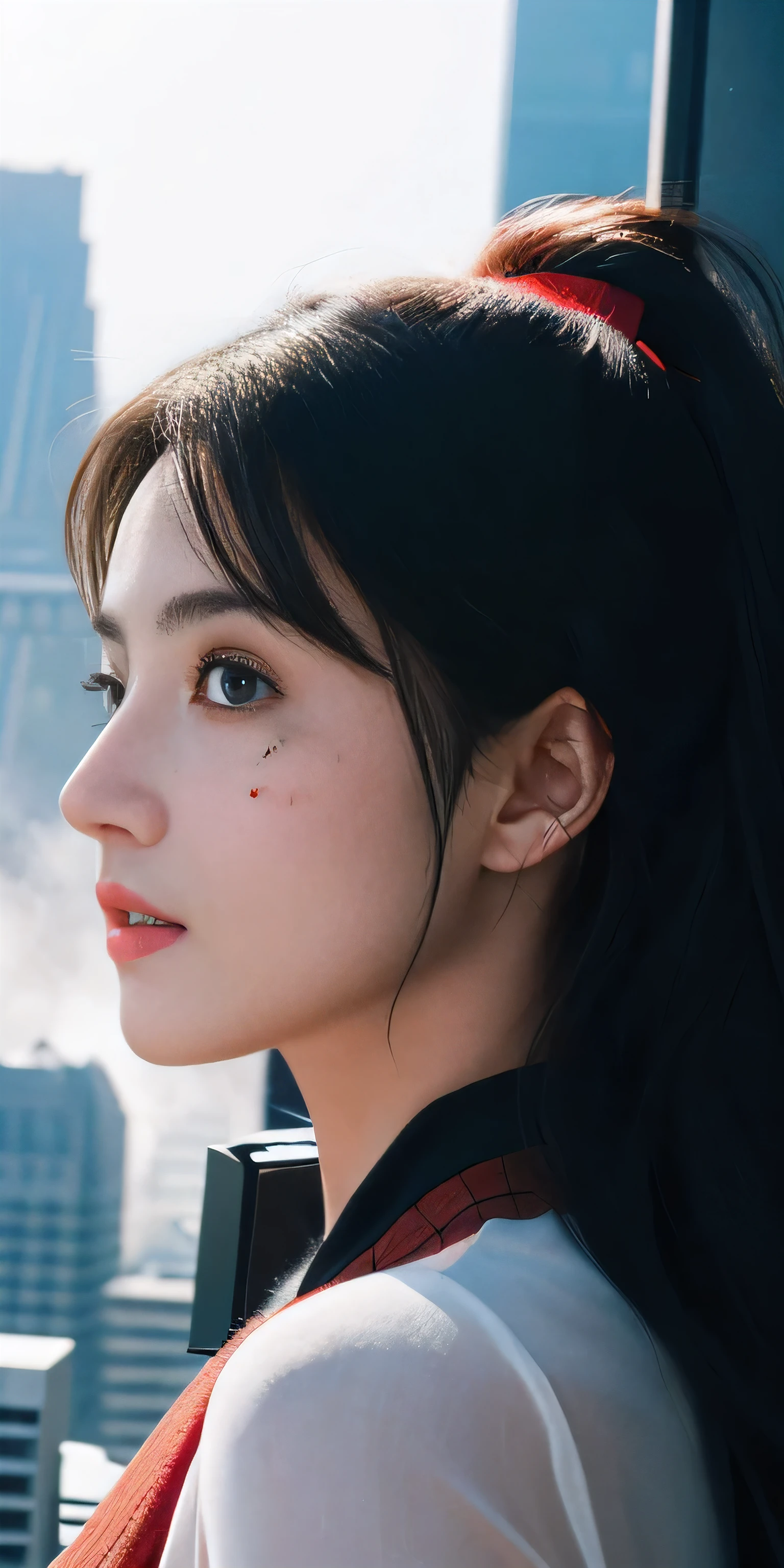 (1girl:1.3), Solo, (((Very detailed face)))), ((Very detailed eyes and face)))), Beautiful detail eyes, Body parts__, Official art, Unified 8k wallpaper, Super detailed, beautiful and beautiful, beautiful, masterpiece, best quality, original, masterpiece, super fine photo, best quality, super high resolution, realistic realism, sunlight, full body portrait, amazing beauty, dynamic pose, delicate face, vibrant eyes, (from the front), She wears Spider-Man suit, red and black color scheme, spider, very detailed city roof background, rooftop, overlooking the city, detailed face, detailed complex busy background, messy, gorgeous, milky white, highly detailed skin, realistic skin details, visible pores, clear focus, volumetric fog, 8k uhd, DSLR, high quality, film grain, fair skin, photo realism, lomography, futuristic dystopian megalopolis, translucent