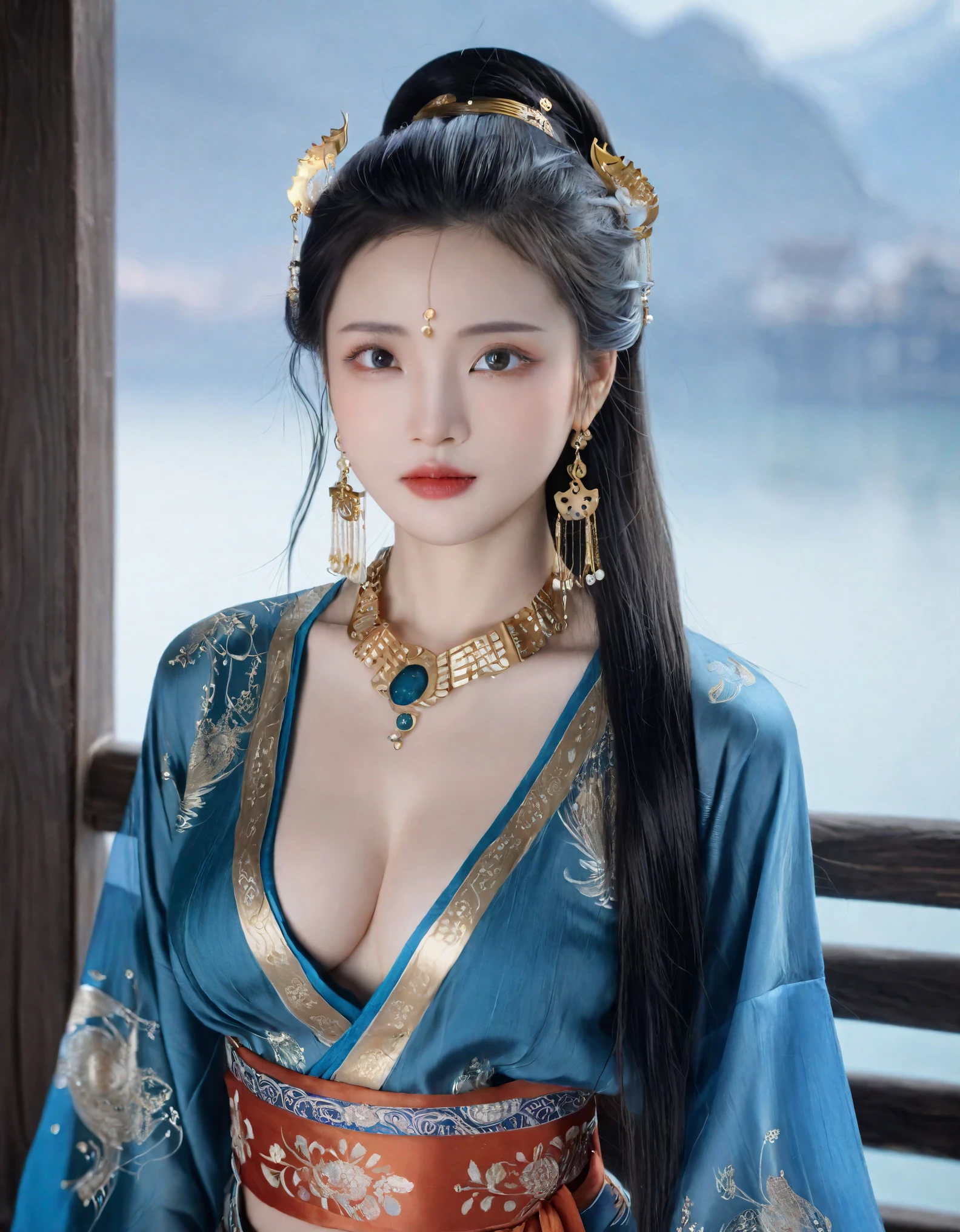 Create a photorealistic image of the highest quality with ultra-high resolution, focusing on extremely detailed eyes and face, scaled up by 1.3 times. The subject is a single girl, also scaled up by 1.3 times for emphasis. She is dressed in a traditional Chinese hanfu, featuring a skirt adorned with intricate patterns. Her long hair is elegantly styled, complemented by jewelry such as a necklace and earrings that highlight her perfect body. She stands confidently, her large breasts subtly accentuated by the attire. Her gaze is direct and engaging, looking at the viewer with a captivating expression. Her eyes are uniquely shaped like crescent moons, adding to her enchanting allure. The image should capture the grace and beauty of traditional Chinese clothing and the striking features of the model.