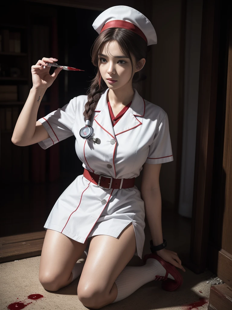 artworks,Best image quality,8K resolution,ultra high resolution,high detal,Higher quality,Oriental women,An injured female nurse,exquisite facial features,s the perfect face,the doctor,solo person,Be red in the face,embarressed,Drunk,brunette color hair,Extremely detailed depiction of hair,(JK white nurse's uniform),(nurse's outfit),Nurse hat,Red Cross Mark,(blood-stained),There is an emergency medical kit next to it,Wasted area,Collapsed buildings,dreads,Facing the viewer,Art Nouveau,Love pupilid hair,High ponytail,epaulette,arm belt,Armband,Band-aid on the forehead,Long-barreled combat boots,Kneeling,binding,Hands behind you,Get close to the viewer,eventide,a little blood