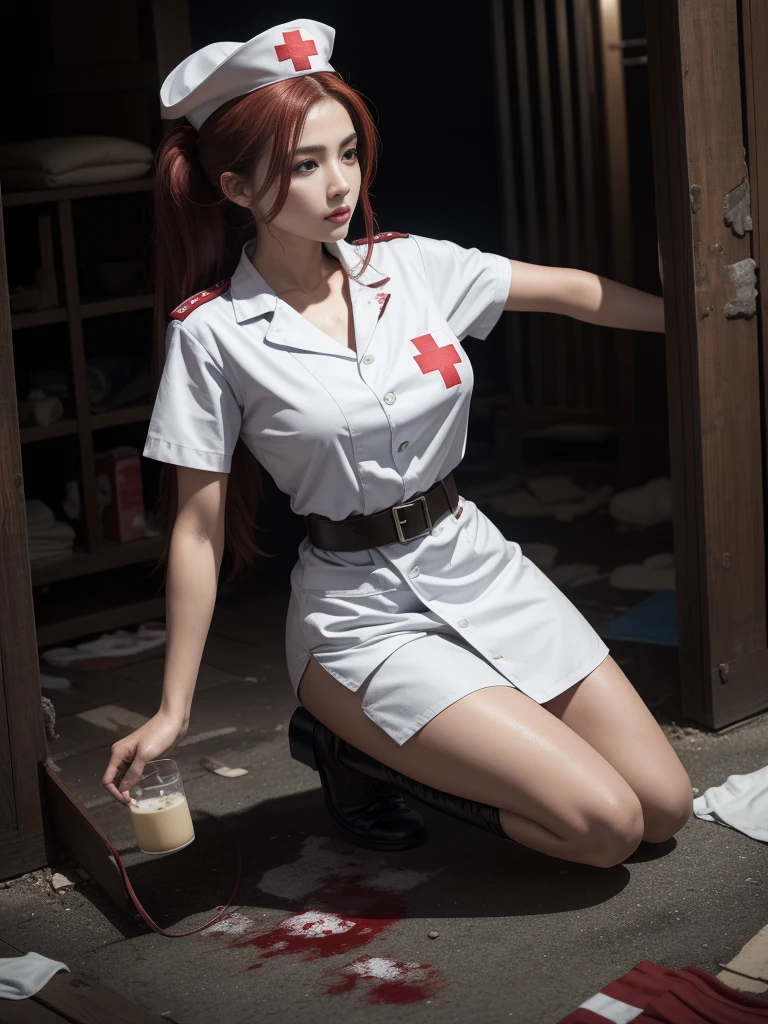 artworks，Best image quality，8K resolution，ultra high resolution，high detal，Higher quality，Oriental women，An injured female nurse，exquisite facial features，s the perfect face，the doctor，solo person，Be red in the face，embarressed，Drunk，brunette color hair，Extremely detailed depiction of hair，(JK white nurse's uniform)，(nurse's outfit)，Nurse hat，Red Cross Mark，(blood-stained)，There is an emergency medical kit next to it，Wasted area，Collapsed buildings，dreads，Facing the viewer，Art Nouveau，Love pupilid hair，High ponytail，epaulette，arm belt，Armband，Band-aid on the forehead，Long-barreled combat boots，Kneeling，binding，Hands behind you，Get close to the viewer，eventide,a little blood