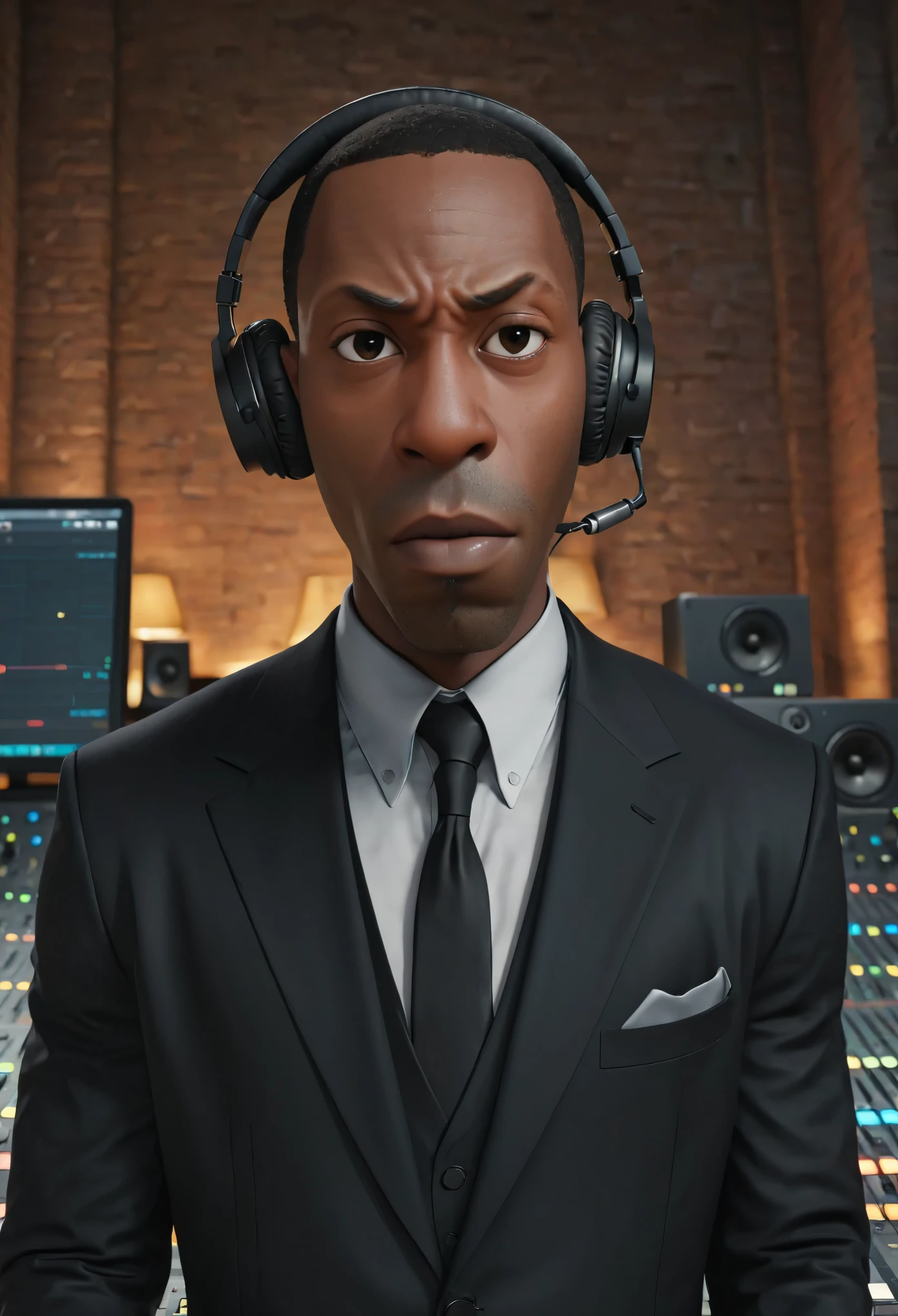 Pixar animation of ,shawt, a black man,in a black suit ,facing the camera standing next to a recording console , focus face, holding headphones with a title logo that reads (text:"shawt sanders mynded!")