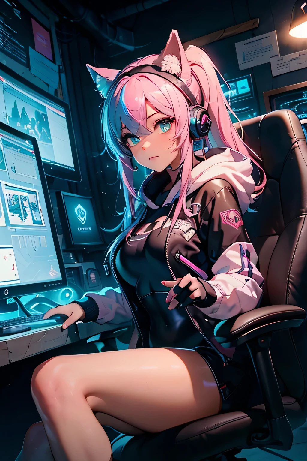 Highest image quality, outstanding details, ultra-high resolution, the best illustration, favor details, highly condensed, in gaming actions, Gamer girl, in game, the girl is playing game party, the girl is gaming shooting game on a computer, 1girl with long rainbowcolors hairs with 2 big twin ponytail ,the girl is wearing a gaming headset with cat ears, woman sitting on a big pink gaming chair , big desk with many screens and a big gaming computer, the girl is a hackers girl, cyberpunk, dressed in a sexy gaming bodysuit , the background is a high-tech lighting scene in a gaming room, fluos luminescents graffitis on the walls , full view of woman, plan large, many fluo lights, black neon tubelights, HD, high quality, beautiful lightening, upscale HD image, very detailed, full details, 