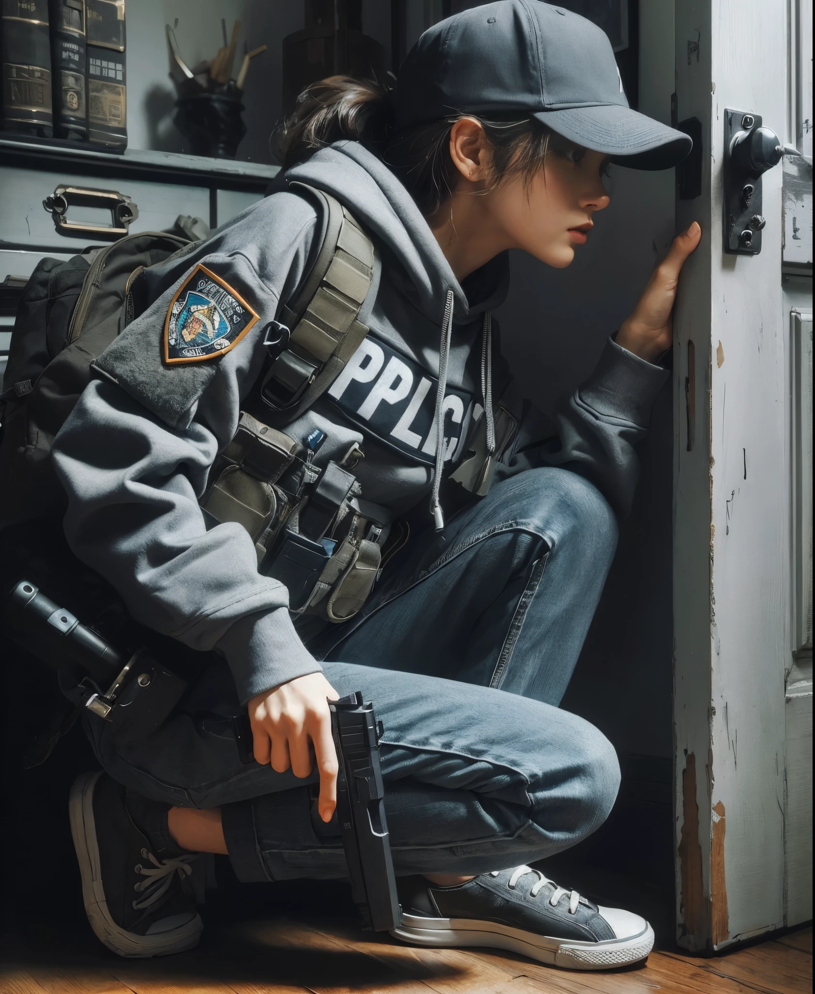 8K, realistic photo, r8K, realistic photo, realistic skin texture, アメリカ在住の美しい日本人woman捜査官、Nypd,Baseball Cap、Grey hoodie、Pistol、A1Flight jacket、Searching the suspicious room、Open the door and look around the room、Gunfight、Chino pants、sneakers、Dynamic pose、Be vigilant、decision、Innovative composition、woman、