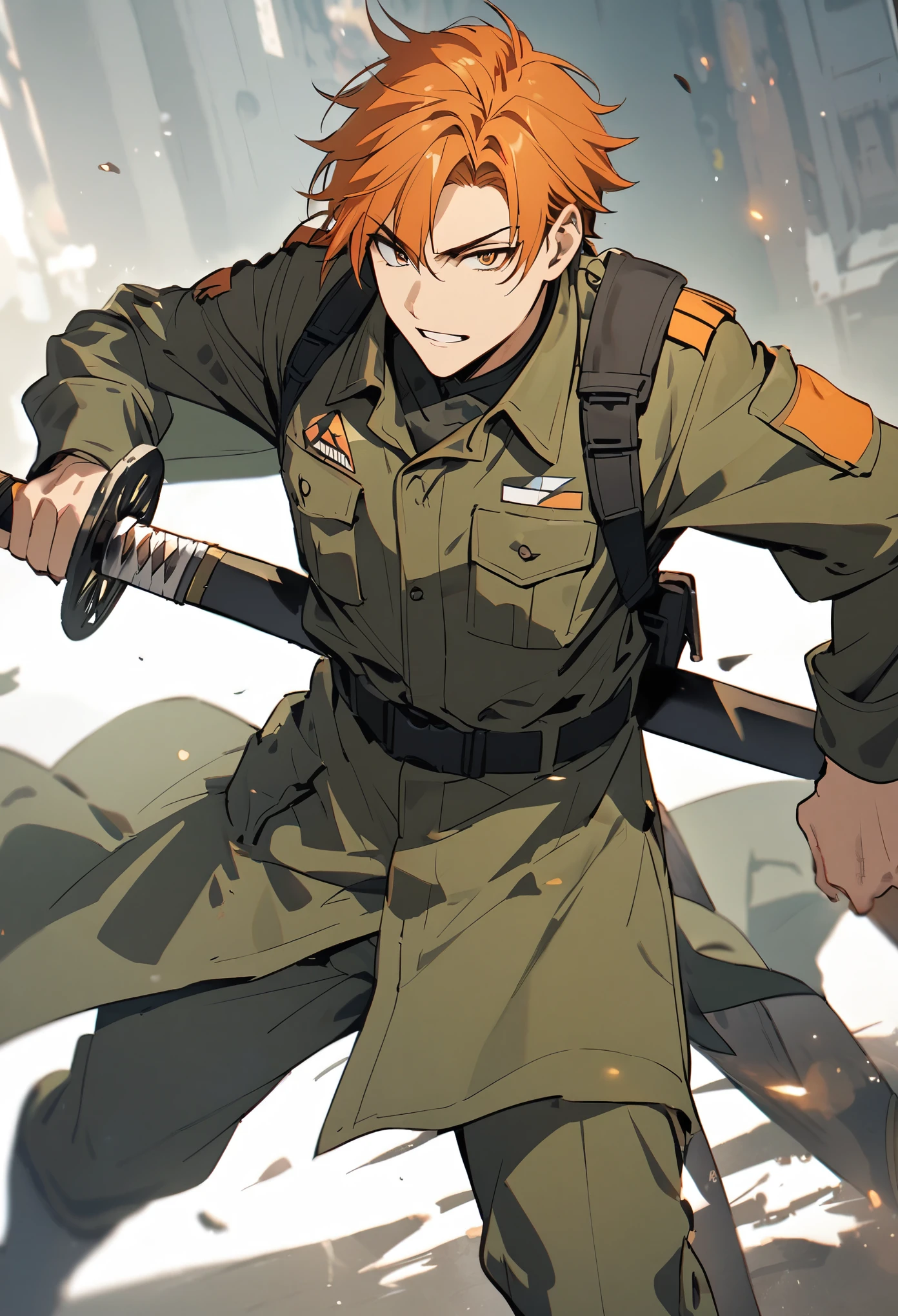 Male character with orange hair wearing army clothes and a katana 