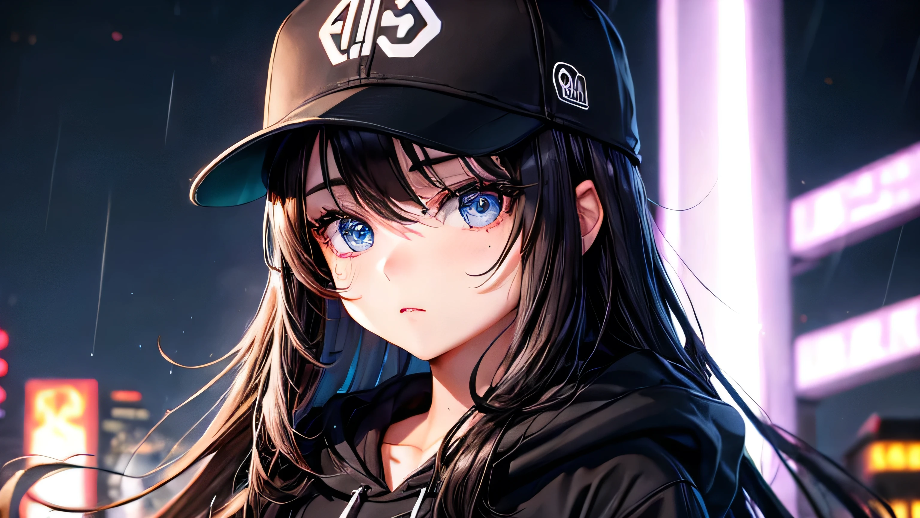 One girl、15 years old、Long Hair、Brown Hair、large black hoodie、midnight、rain、neon street、neon、Baseball cap、Detailed, high-quality, flawless facial expression、Detailed, high quality and perfect eye depiction、Detailed, high quality and perfect costume depiction、
