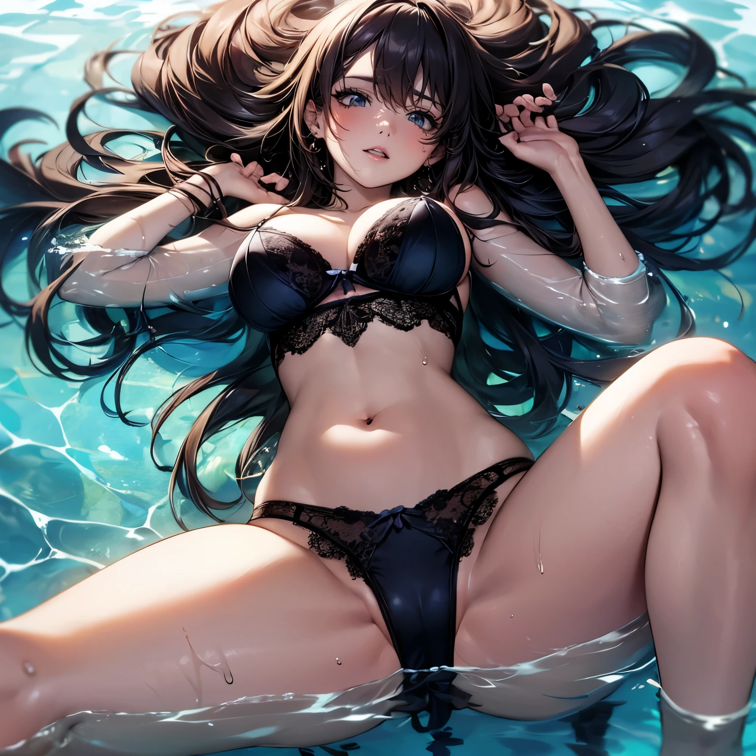 a woman in lingerie is fully submerged in water, spread legs,
