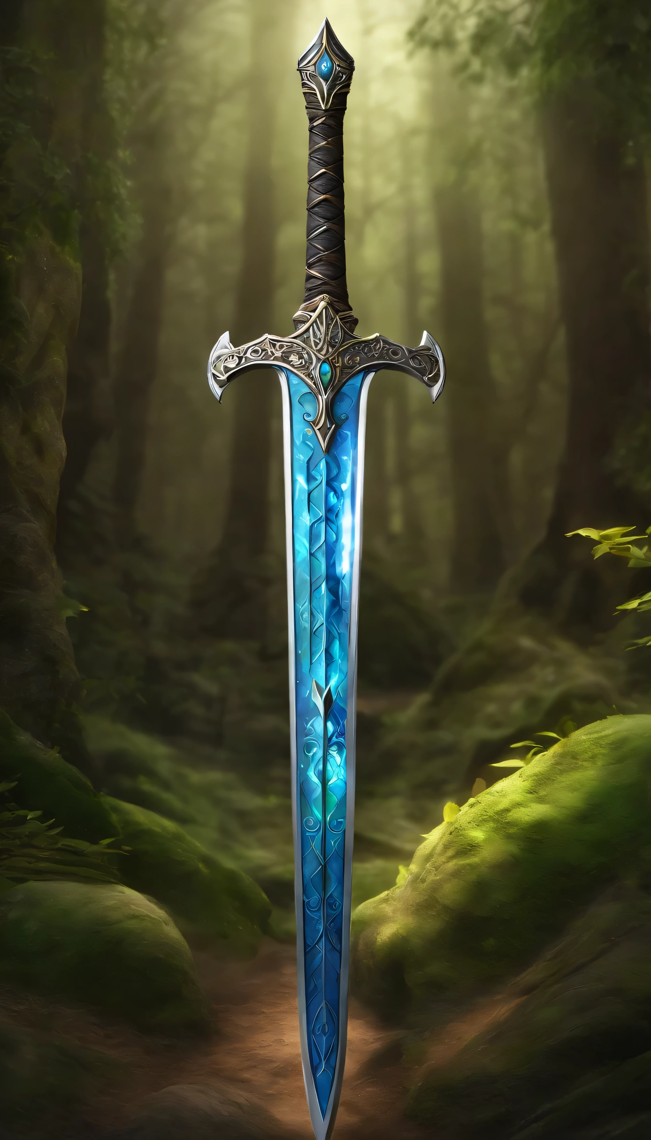 Excalibur, Manga delicada, The body of the sword is exquisite,bem decorado,(((The body of the sword is designed with a blue opal and a pattern in the form of light green particle effect..:1.3))), se, (The body of the sword is symmetrically decorated:1.3), (The entire Excalibur blade is centered:1.3), Mid-range close-up,(Silhueta geral:1.3),(Fantastic landscape painting:1.2), foto ultra realista, super-fino, 8k, Premium wallpapers, A mais alta qualidade de imagem, ..。.。...3d,c4d, tmasterpiece, rendering by octane, spear made of runecraft and bark of Yggdrasil, Spear Odin, holding a spear,