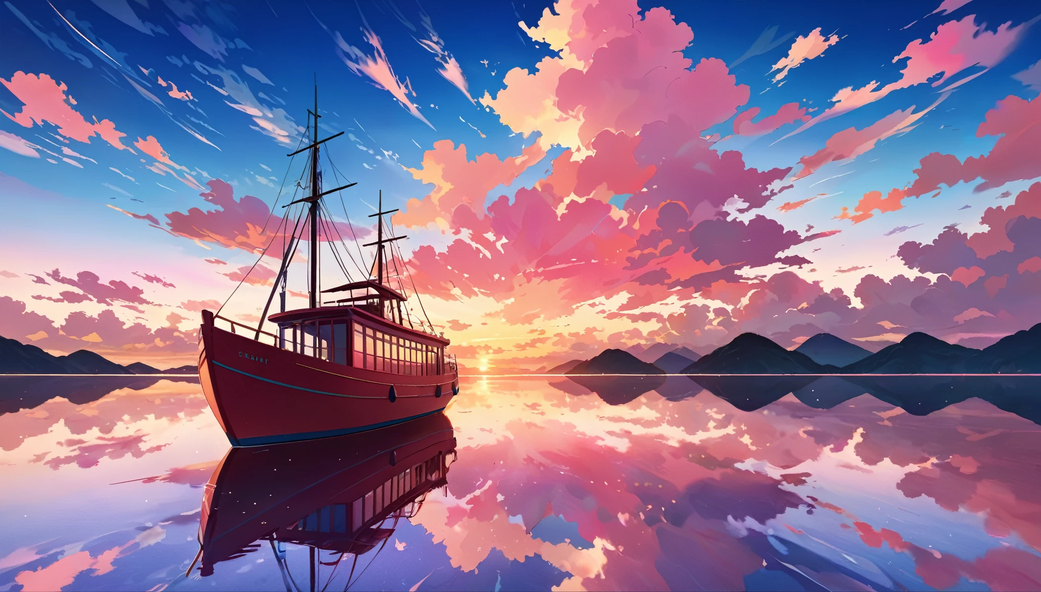 skyscape and a boat made of glass, reflection, pink and blue magnificent wide open sky. sunset, ambient light, vibrant colors, peaceful, natural color tones, cloudy sky, beautiful color palette, vibrant saturated colors, masterpiece, no human