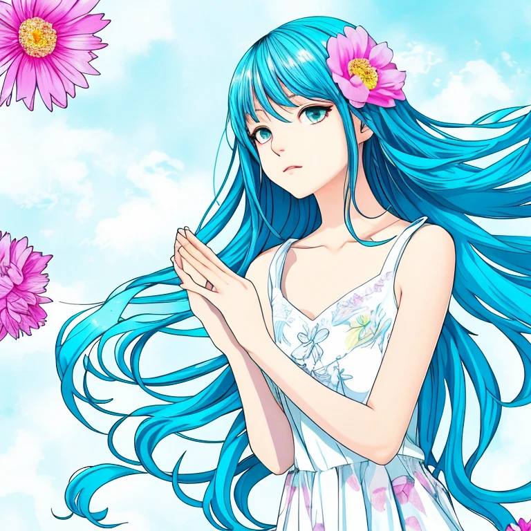 cute girl singing like praying, to sky, with ferret Clear, glassy eyes,Flower, bold and strong line drawing, vivid acrylic painting, vivid thick paint, vivid, plain background, beautiful proof, highest resolution 8K, beautiful anime girl that is betrayeded by a ferret, hair is short, ferret, Beautiful lightcyan high lights in her beautiful kind eyes, background is twinkle,Beautiful girl with a loose airy bright colorful hair with diamond high lights,Transparent dress, ,thick aquarelle colors,colorful,honeydew and diamond, lightcyan and white and light Effects,wallpaper,architecture,High quality, high image quality, great amount of drawing,pixiv illustration, transparency, Japanese anime,upper body,white tone, delicate brushwork,distinct color,