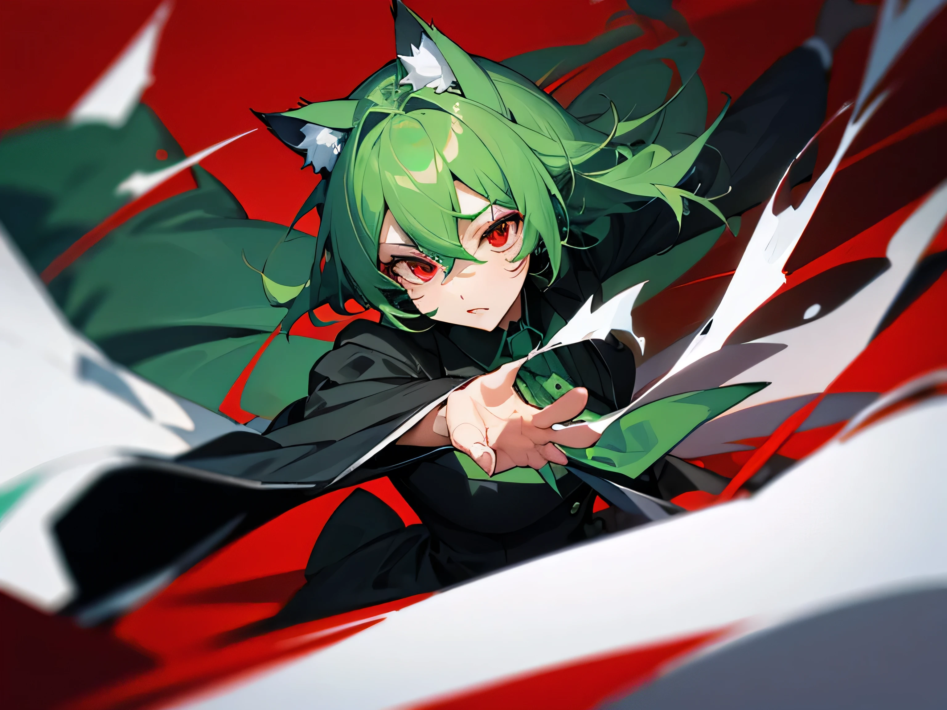 Emerald green long、Red eyes、Cat ear、suit、Cat&#39;s Tail、knife