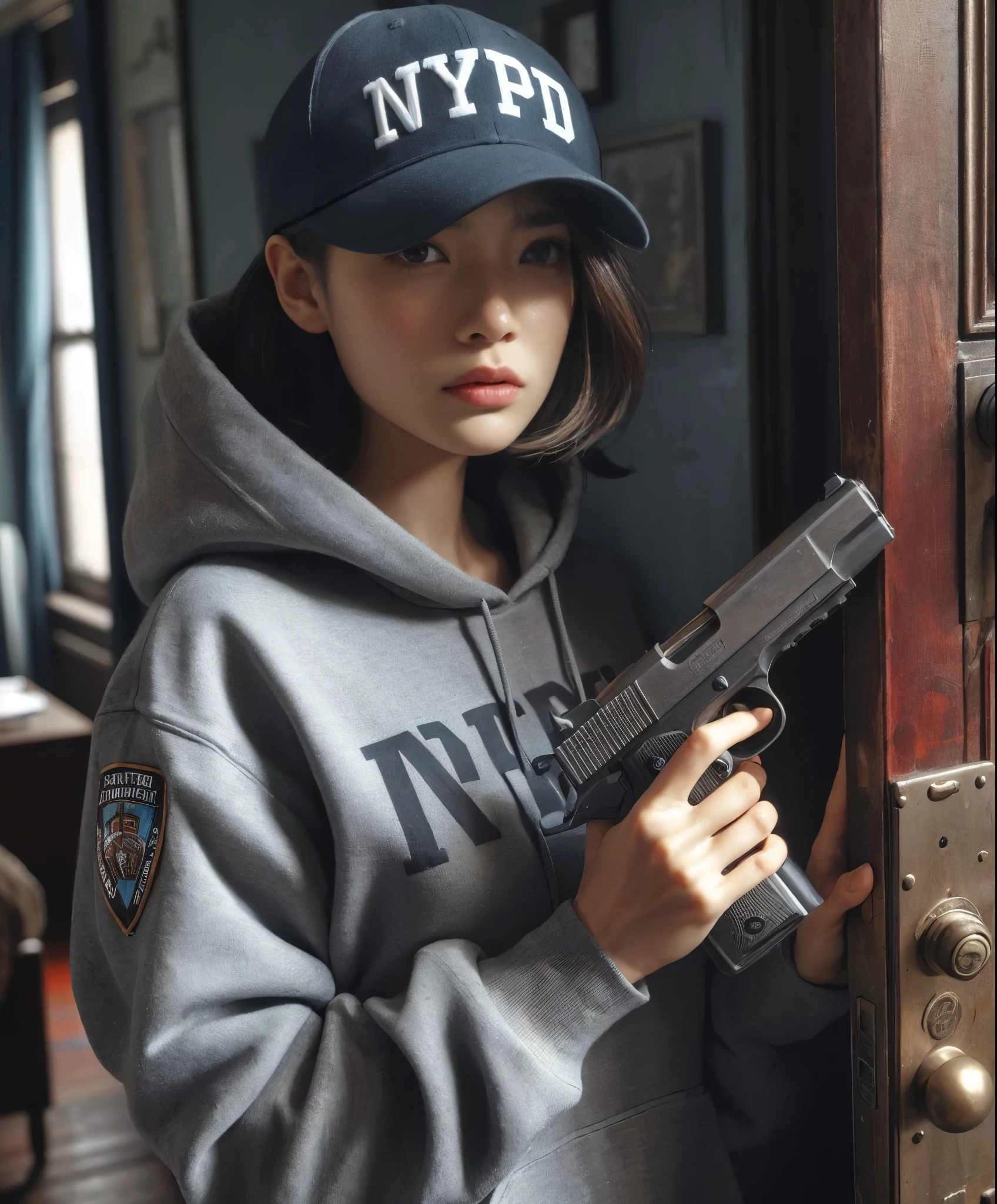 8K, realistic photo, r8K, realistic photo, realistic skin texture, アメリカ在住の美しい日本人woman捜査官、Nypd,Baseball Cap、Grey hoodie、Pistol、A1Flight jacket、Searching the suspicious room、Open the door and look around the room、Gunfight、Chino pants、sneakers、Dynamic pose、Be vigilant、decision、Innovative composition、woman、