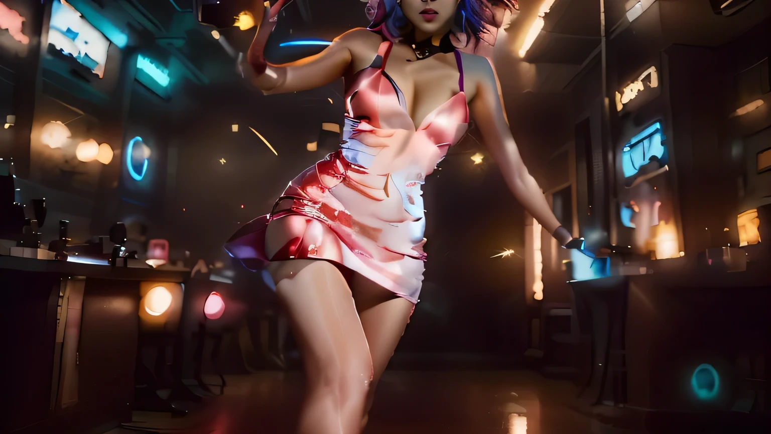 arafed woman in a short dress dancing in a nightclub, madison beer as leeloo, leeloo outfit, she is dancing. realistic, vibrant cinematic lighting, neon operator margot robbie, leeloo, cyberpunk lut, red and cinematic lighting, beautiful and cinematic lighting, cinematic red lighting, gorgeous cinematic lighting, cinematic contrasted lighting, cinematic lighting photography