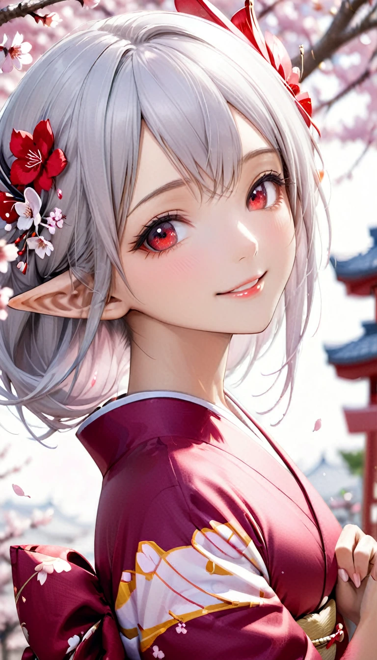 1 elf woman, dark skin, beautiful silver hair, pointed ears, beautiful red eyes, Japanese kimono, cherry blossoms, upper body depiction, friendly smile, lips open, close-up, upward gaze, 8K,