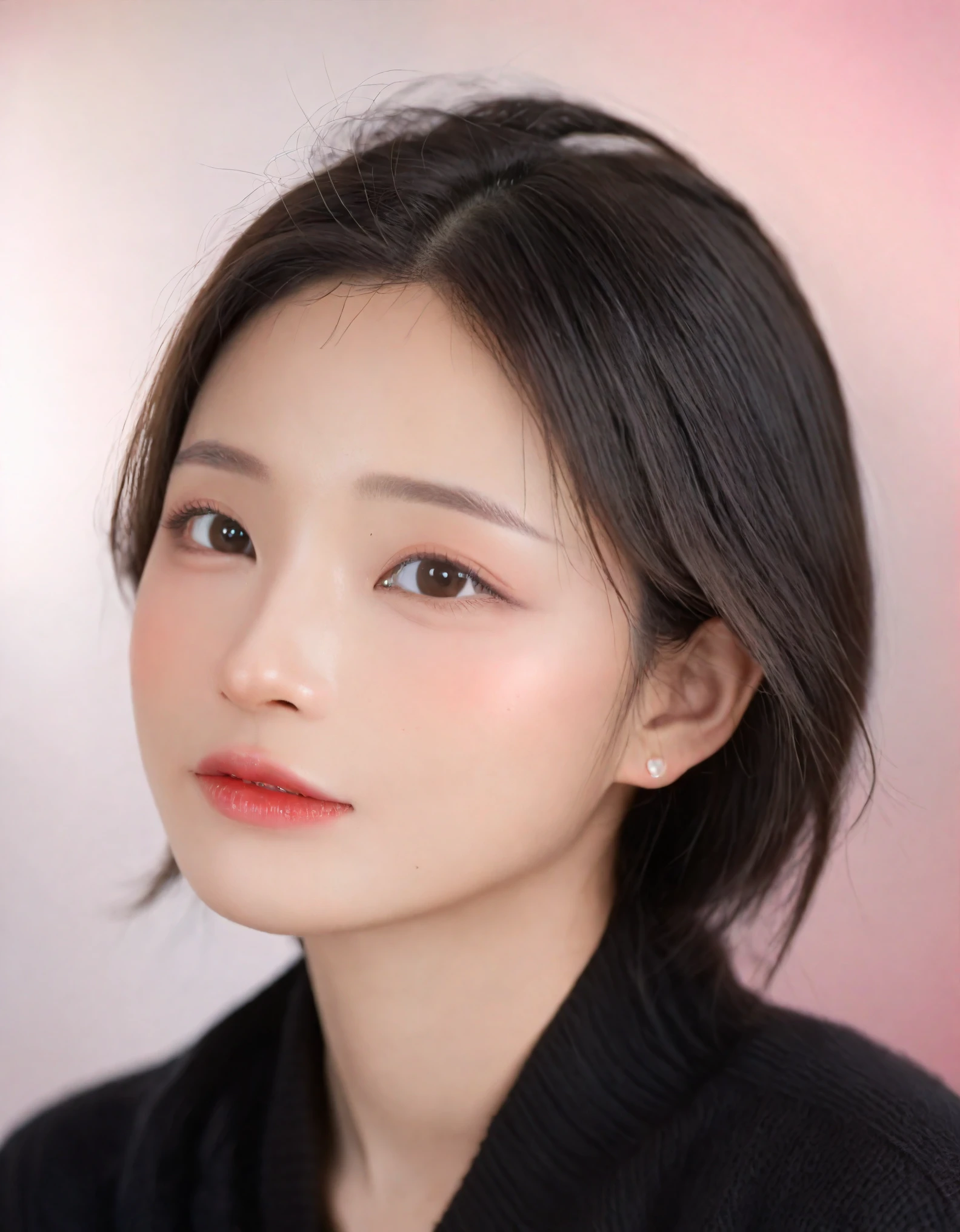 Compose a close-up shot that reveals the delicate features of a female subject, with a strong focus on glossy lips subtly tinted with pink. The natural texture of the skin should be accentuated, highlighting its smoothness and clarity. A beauty mole adds character to the chin. The makeup is applied with precision to emphasize the lips, creating a flawless and radiant complexion. The image should offer a partial view of the nose and hints of eyelashes, implying a full face just outside the frame. Soft, diffused lighting should accentuate the facial contours, casting a gentle glow that enhances the subject’s features. The background is neutral, ensuring the focus remains on the subject. The high-resolution detail is crucial for capturing the subtle and elegant aesthetic typical of professional cosmetic photography.