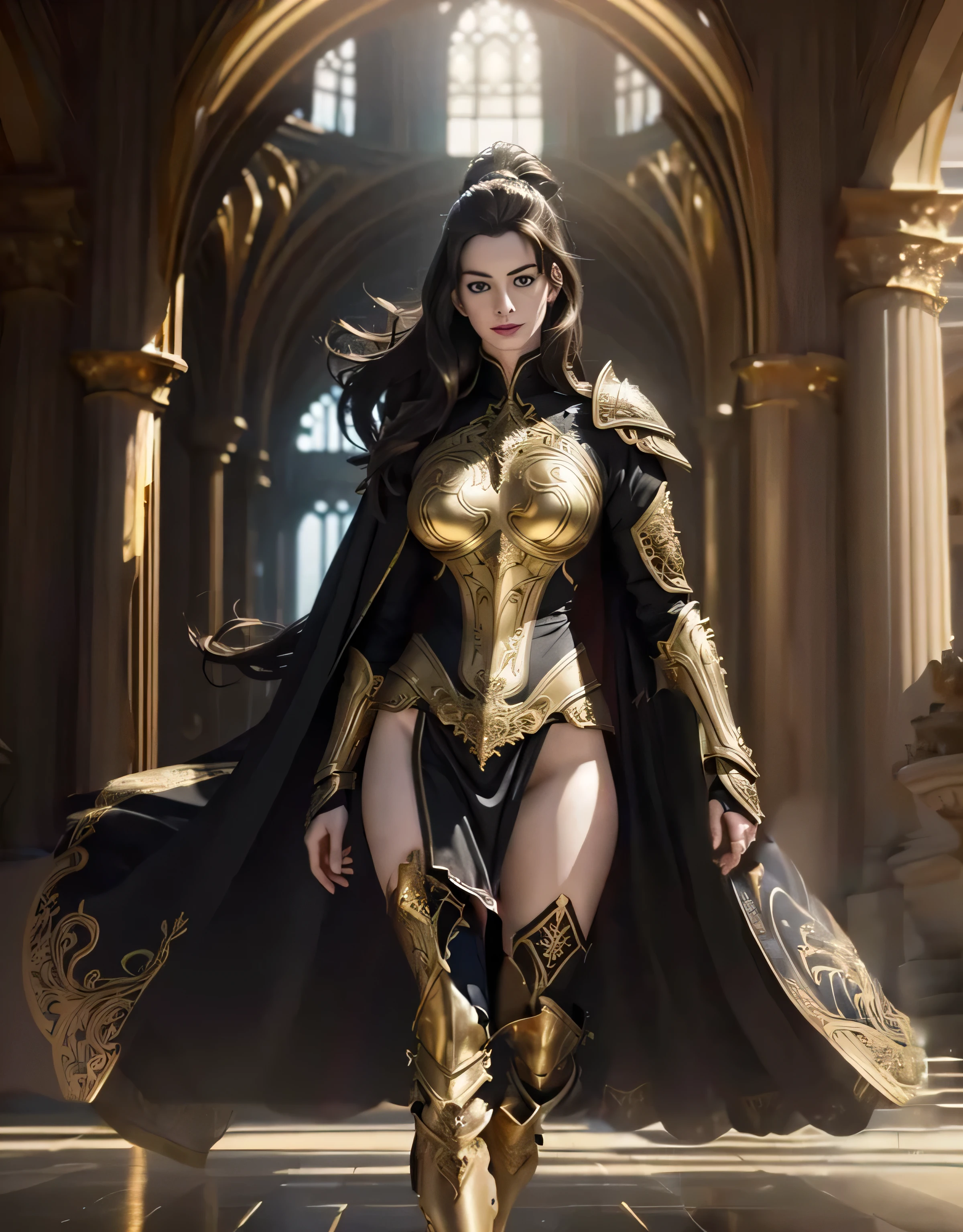 ((Anne Hathaway in ornate gold plate armor)), award winning concept art of tall (1girl) in ornate plate armor, royal, elegant, ((facing camera)), look at camera, eye contact, high long ponytail, dramatic long flowing hair, model on runway, epic, god rays, centered, (masterpiece:1.2), (best quality:1.2), Amazing, highly detailed, beautiful, finely detail, warm soft color grading, Depth of field, extremely detailed 8k, fine art, stunning, iridescent, shiny, light reflections, crisp, curls, wind, outdoor palace, elegant pose, hyper realism, vibrant, sunlit, edge detection, (embroidery loincloth), thigh high boots, knees, long flowing cape, no panties