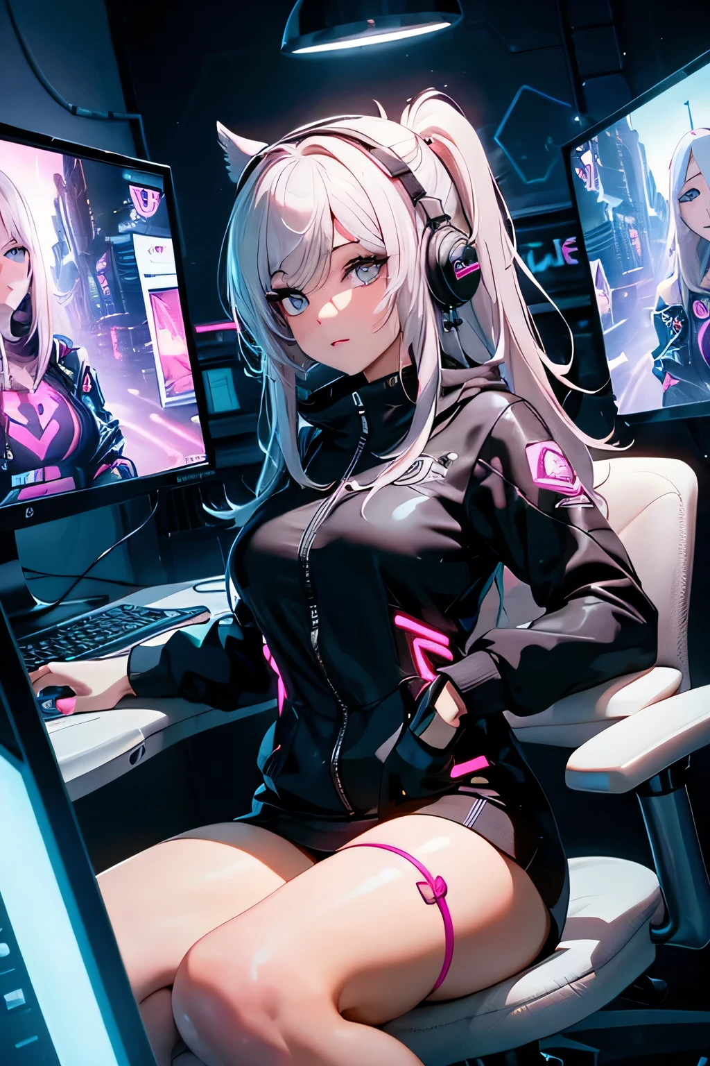 Highest image quality, outstanding details, ultra-high resolution, the best illustration, favor details, highly condensed,gaming actions, Gamer girl, in game, the girl is playing game party, the girl is gaming shooting game in a computer, 1girl with long white hairs with 2 big twin ponytail ,the girl is wearing a gaming headset with cat ears, woman sitting on a big pink gaming chair, futurist style , big desk with many screens and a big gaming computer, , the girl is a hackers girl, cyberpunk, dressed in a luminescent bodysuit , the background is a high-tech lighting scene in a gaming room with fluo luminescent graffiti on the walls , full view of woman, plan large, many fluo lights, black neon tubelights, HD, high quality, beautiful lightening 