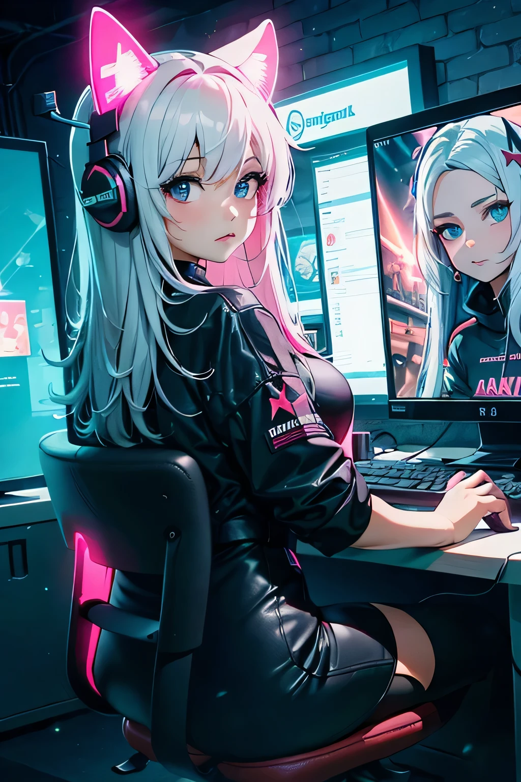Highest image quality, outstanding details, ultra-high resolution, the best illustration, favor details, highly condensed,Gamer girl, games, the girl is playing game party, the girl is gaming shooting game in a computer, 1girl with long white hairs , ,the girl is wearing a gaming headset with cat ears, woman sitting on a big pink gaming chair, futurist style , big desk with many screens and a big gaming computer, , the girl is a hackers girl, cyberpunk, dressed in a luminescent bodysuit , the background is a high-tech lighting scene in a gaming room with fluo luminescent graffiti on the walls , full view of woman, plan large, many fluo lights, black neon tubelights, HD, high quality, beautiful lightening