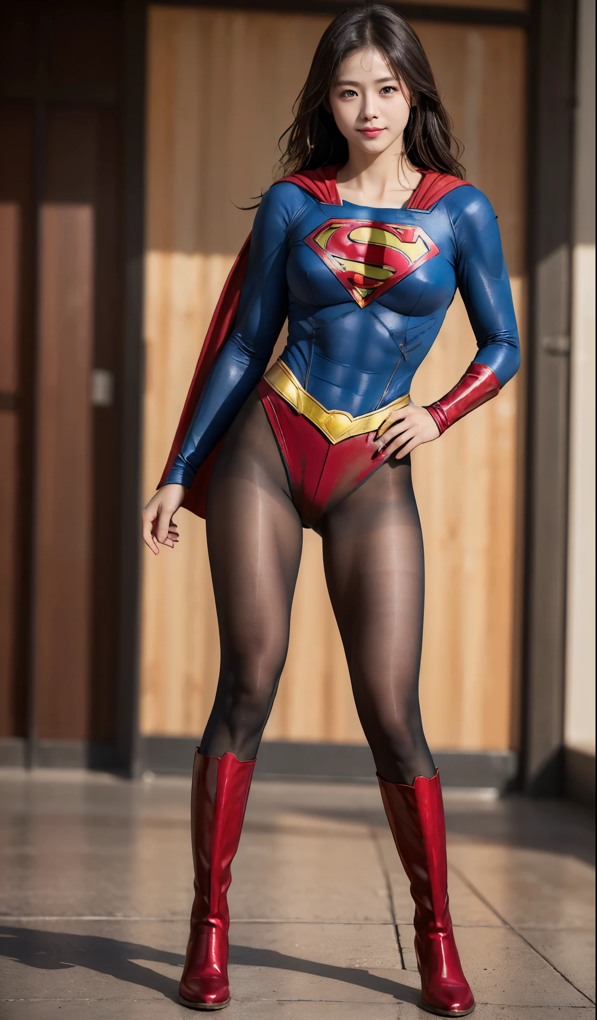 No background、(((Beautiful legs in black tights.)))、(((Legally express the beauty of your smile)))、((((Make the most of your original images)))、(((Supergirl Costume)))、(((Beautiful Hair)))、(((suffering)))、(((Please wear black tights....、Wear red boots)))、((Best image quality、8K))、((highest quality、8K、masterpiece:1.3))、(((Preserve background )))、Sharp focus:1.2、Beautiful woman with perfect figure:1.4、Thin abdominal muscles:1.2、Wet body:1.5、Highly detailed face and skin texture、8K