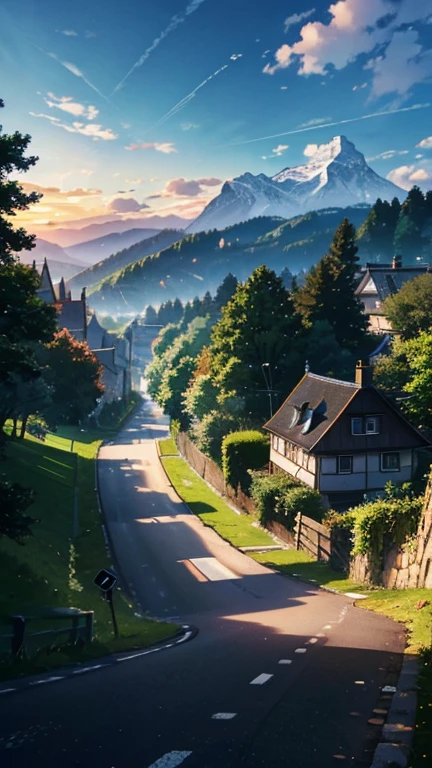 Anime-Szenerie PAUSE (Meisterwerk, best quality:1.2), outside, Natur, Wald, Kiefern, grass, hohes Gras, detailliertes Gras, Pflanzen, 20 Uhr abends, Wolken, Dunkler Himmel, Maple trees, A VW Beetle comes out of a winding village road , Bauernhof Landschaft, Valleys, leuchtende Autoscheinwerfer, Car drives uphill, Einzelwagen, nach Sonnenuntergang
