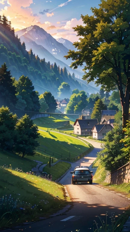 Anime-Szenerie PAUSE (Meisterwerk, best quality:1.2), outside, Natur, Wald, Kiefern, grass, hohes Gras, detailliertes Gras, Pflanzen, 20 Uhr abends, Wolken, Dunkler Himmel, Maple trees, A VW Beetle comes out of a winding village road , Bauernhof Landschaft, Valleys, leuchtende Autoscheinwerfer, Car drives uphill, Einzelwagen, nach Sonnenuntergang