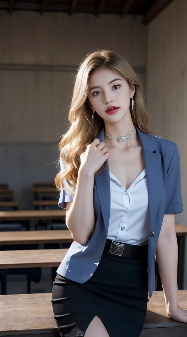 (8K,high resolution,Masterpiece, best quality, alone, complicated details, Chromatic aberration), realistic, ((Moderate breath)), hair in one eye,purple eyes, round hoop earrings, sharp eyes, Diamond-encrusted choker, (symmetrical eyes),(Perfect symmetrical body),Photo of a beautiful 21 year old teenage girl,(fit the body), ,Beautiful and charming with contemporary fashion paintings as well...., looking at the audience, ((In the background of a large classroom)), (black short skirt), ((The young woman wore a form-fitting white short-sleeved shirt., Unbuttoning the buttons, Revealing a little breast..)), ((A short black pencil skirt with a deep slit on the side..)), belt, ((Put your hands down.)),Blonde hair, Bob, long hair, Lateral smoothness,,copper blonde hair, sit, sharp eyeliner, Eye shadow blush with thick eyelashes, Very delicate and beautiful, round chin, Sharp focus, elegant,sitบนโต๊ะเรียน ยกขาข้างหนึ่งขึ้นให้อยู่ในระดับสายตา, The legs are slightly separated..,dynamic gesture,((Top the shirt with a crisp blue lab coat that doesn't reach your hips.))