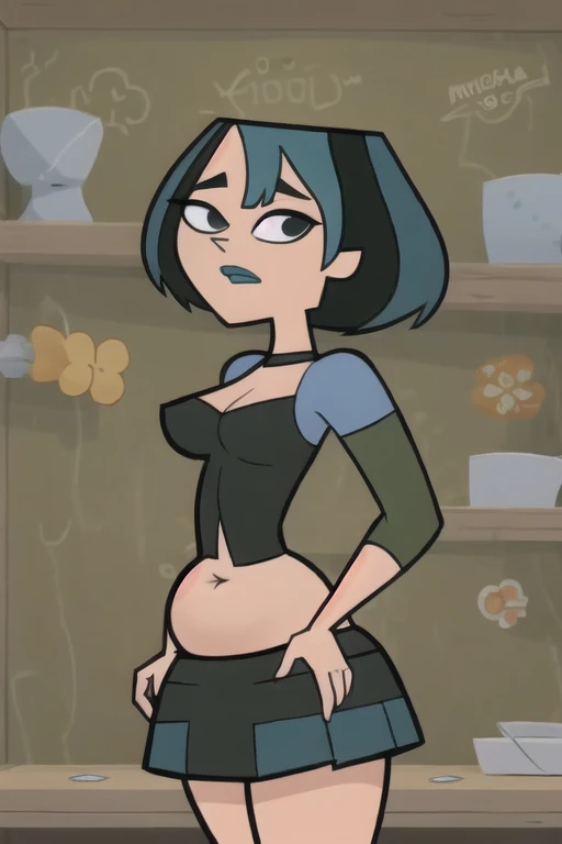 (8k, RAW photo, best quality, masterpiece:1.2), (intricate details), perfect eyes, perfect face, perfect lighting, beautiful, (masterpiece:1.2), (best quality:1.2), 1girl, cartoon style, gwentdi, solo, black eyes, face portrait, look at the viewer, chubby potbelly, huge belly, belly hanging out fat, bulging belly, miniskirt, side profile, butt