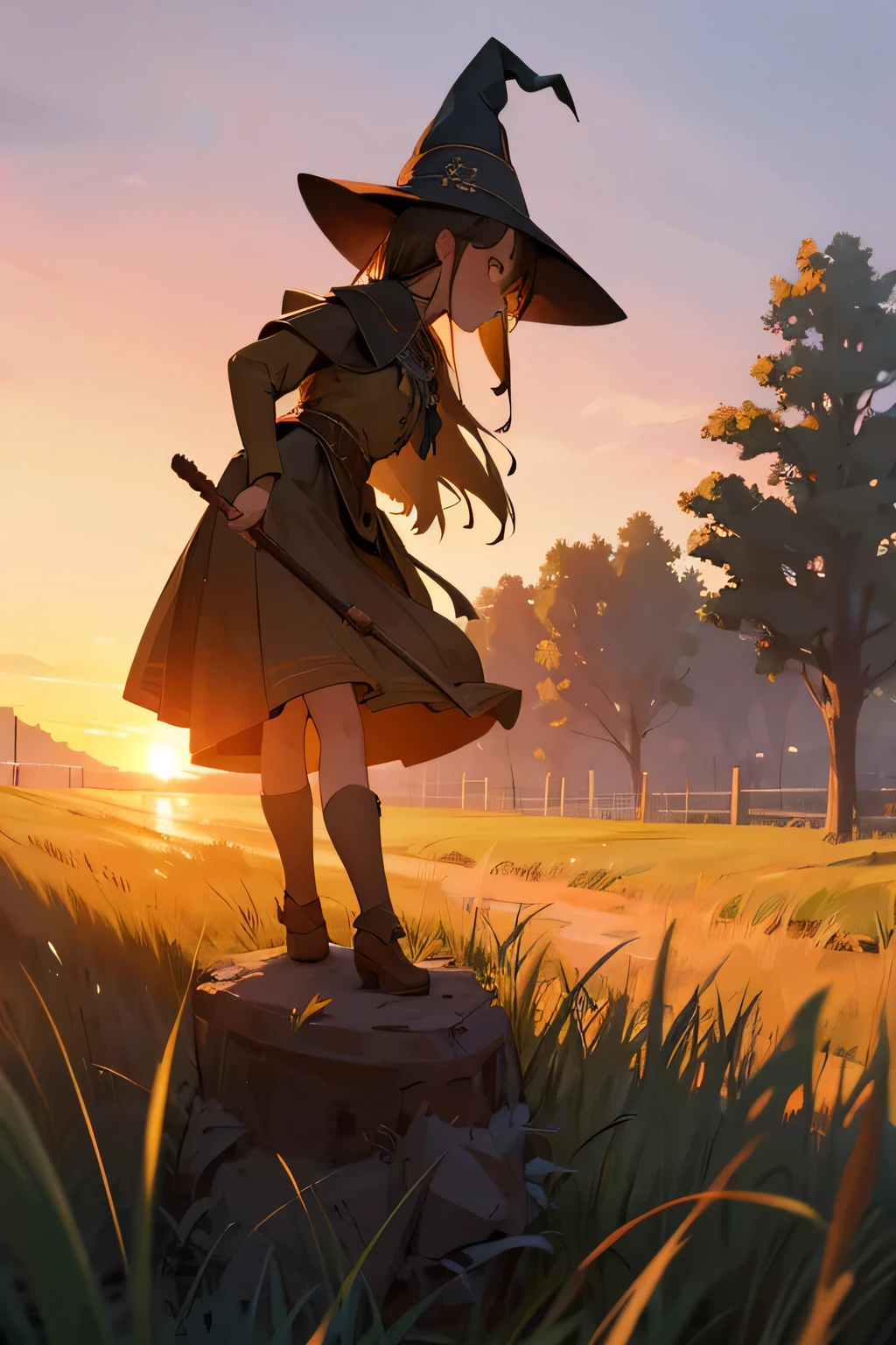 grass fields, sunset, brown witch, witch girl, statue of witch girl, dirt path
