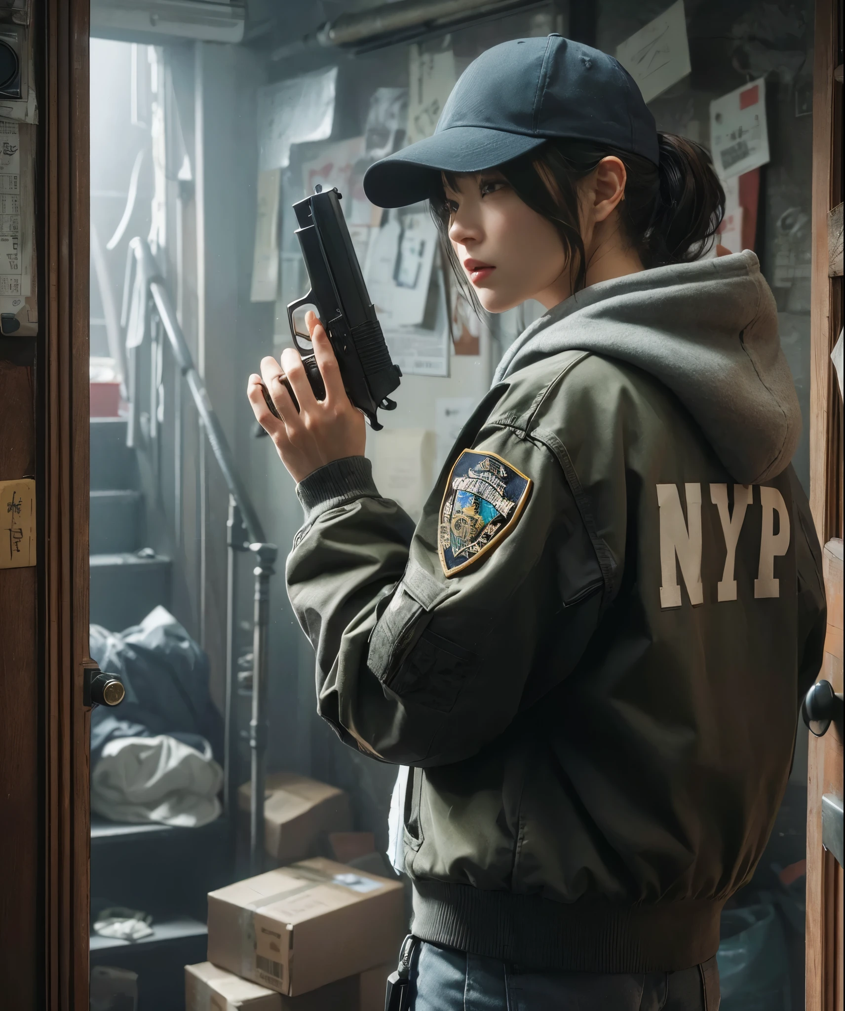 8K, realistic photo, r8K, realistic photo, realistic skin texture, アメリカ在住の美しい日本人woman捜査官、Nypd,Baseball Cap、Grey hoodie、Pistol、A1Flight jacket、Searching the suspicious room、Open the door and look around the room、Gunfight、Chino pants、sneakers、Dynamic pose、Be vigilant、decision、Innovative composition、woman、