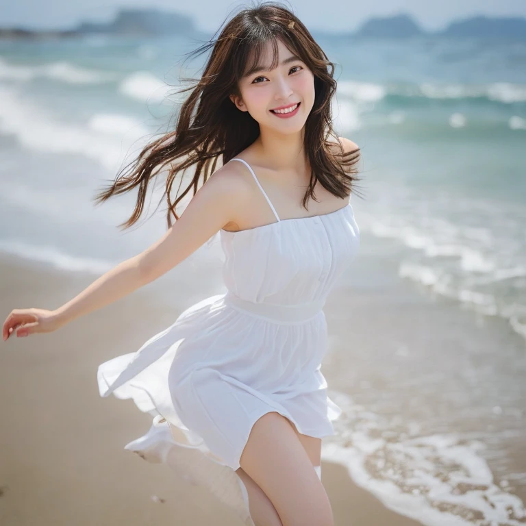 Photo-realistic quality、A woman in her fifties wearing a white mini dress and running on the beach with her arms outstretched, Beautiful cute, cute beautiful, Beautiful girl model, Cute Woman, Gorgeous Young Japanese Woman, Narrow waist, Beautiful model girl, Slim girl model photo, pretty girl, Beautiful and cute smile、Detailed and beautiful eyes、looking at the camera
