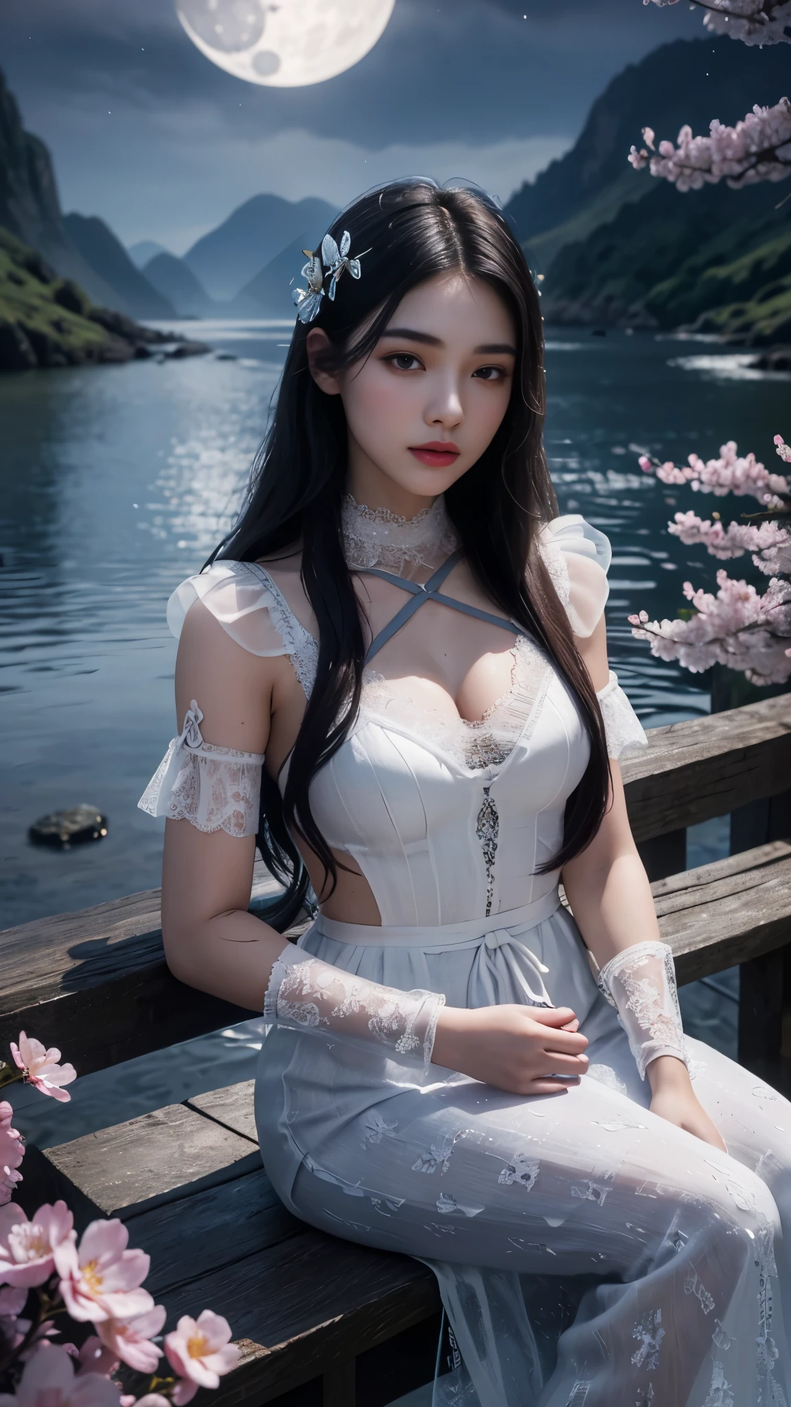 8K, ultra hd, masterpiece, 1 girl, ((18 years old girl)), good face, very long hair, detailed eyes, detailed lips, small breasts, detailed clothing, white clothing, ((criss-cross lace)), sardine, ornament, jewellery, antique jewellery, loops, straps, dim lighting, epic scenery, ((night scenery:1.5)), ((Realistic moon)), cherry blossom, beautiful, rain, flowers, butterfly, water reflection, RTX 4090, (unreal engine 5), ray tracing, bloom effect, front body, sitting,